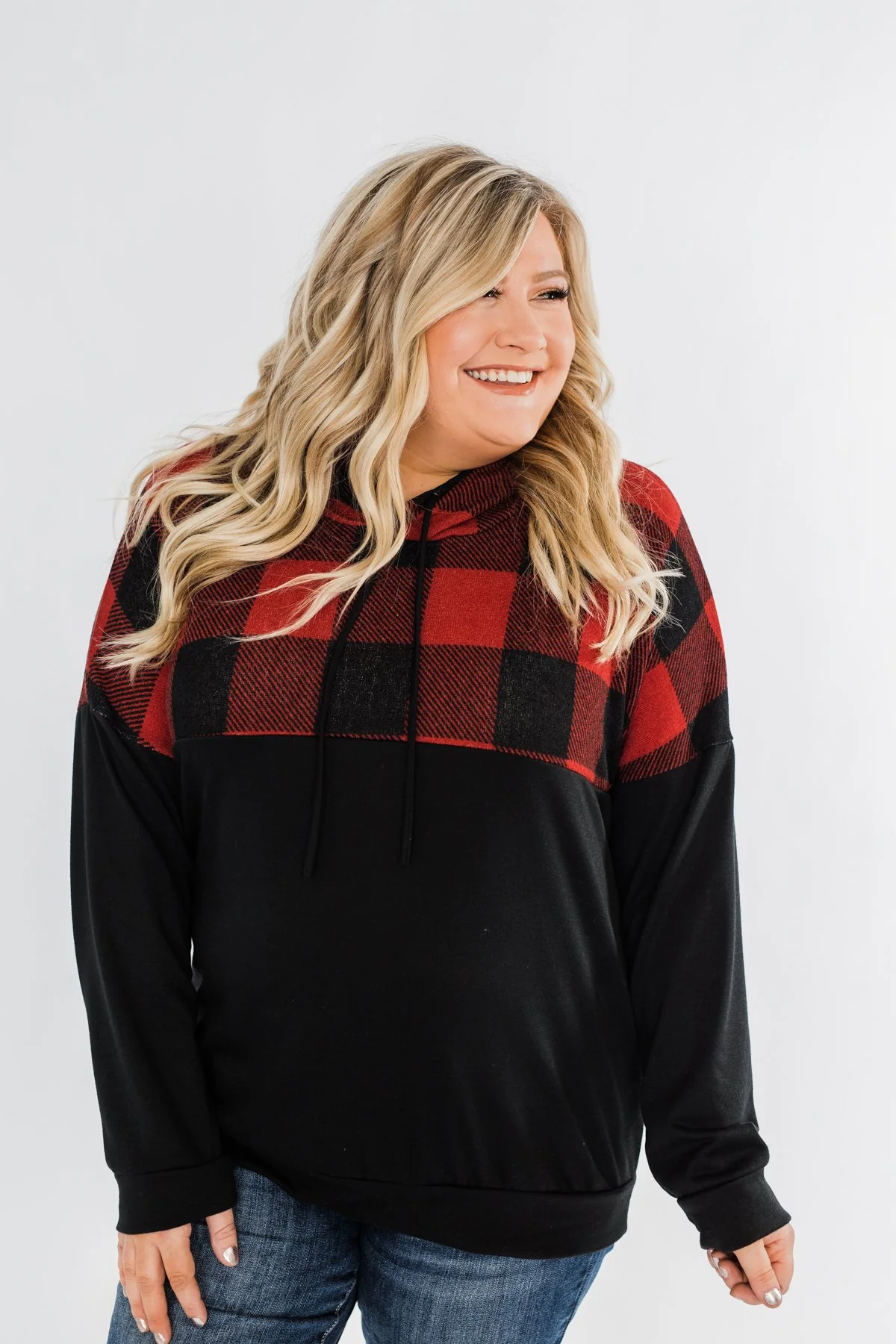 Keep On Loving Color Block Hoodie- Black & Buffalo Plaid - Image 8