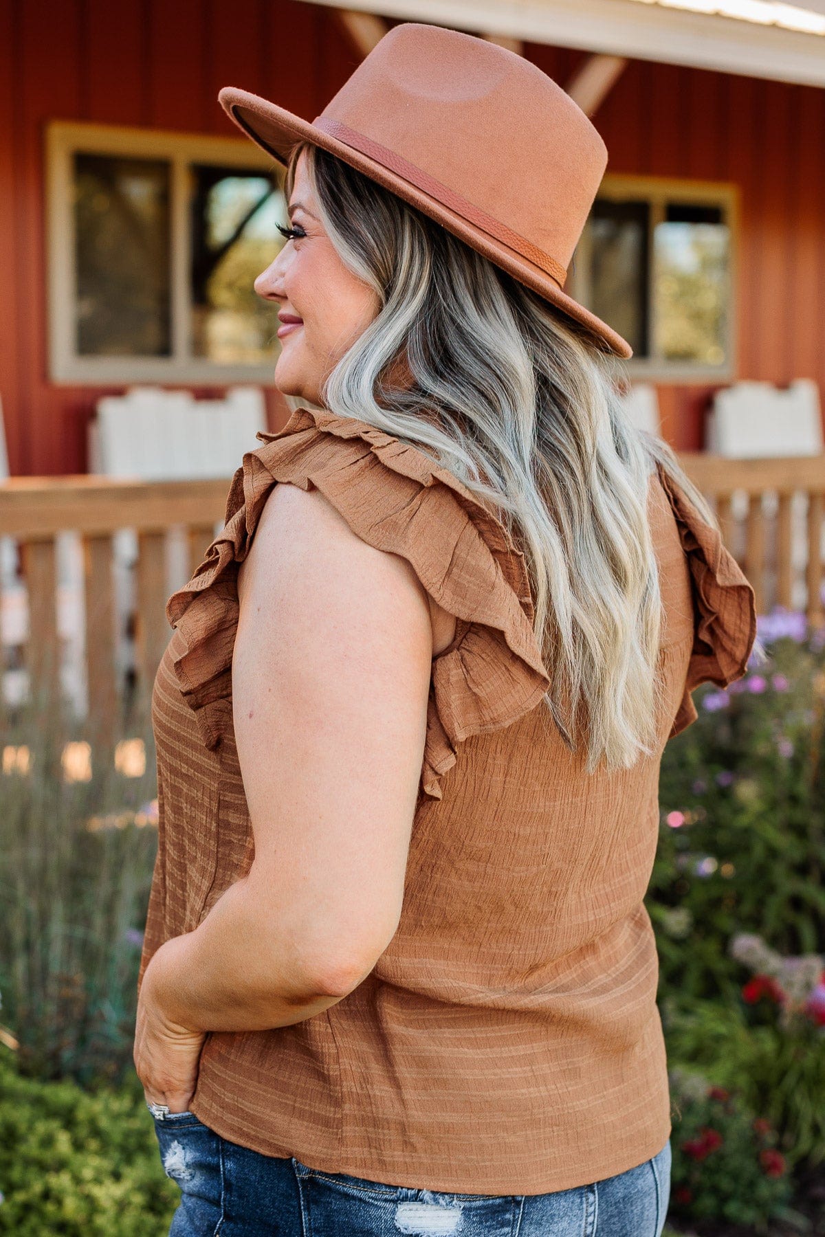 Keep On Smiling Flutter Sleeve Blouse- Camel - Image 7