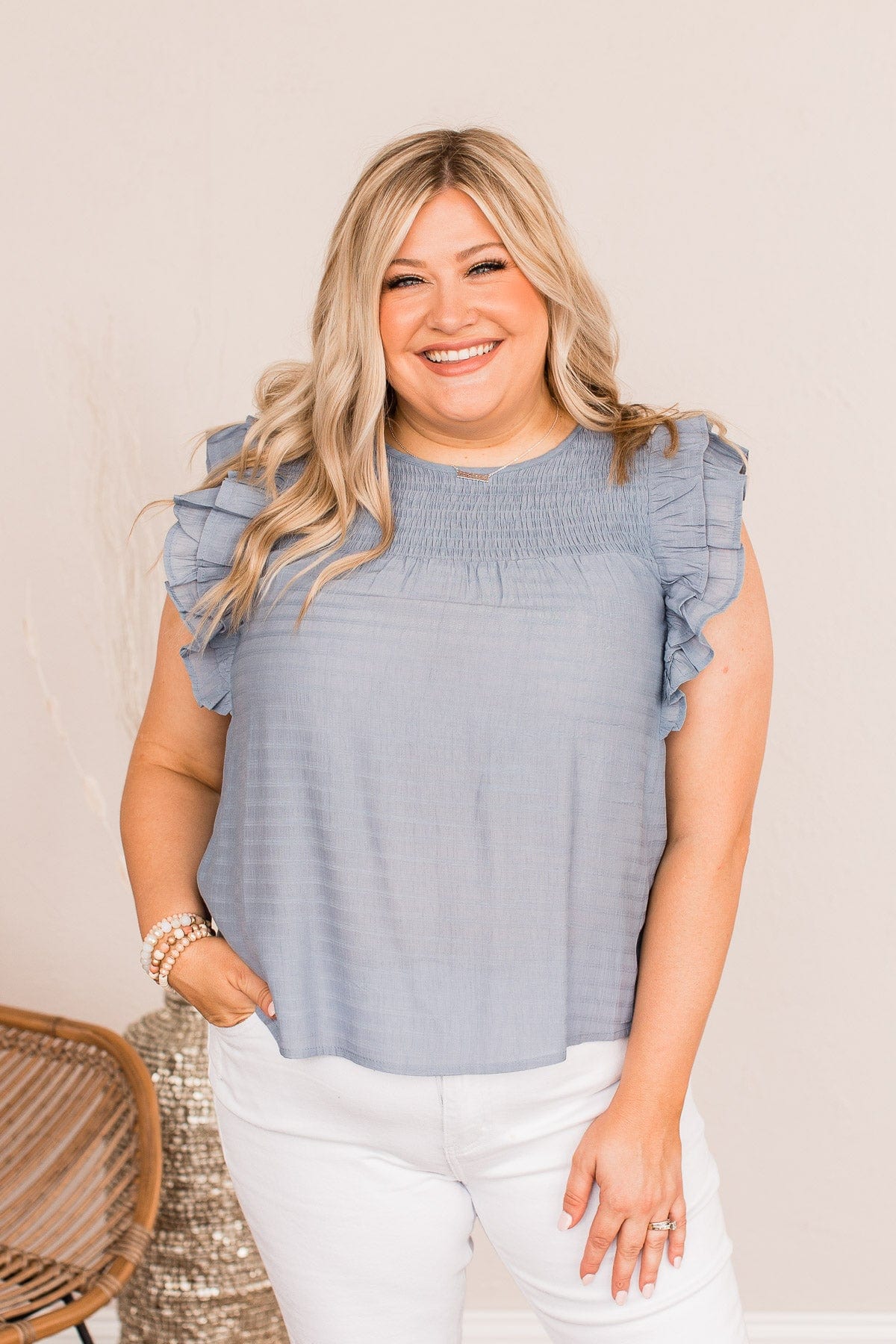 Keep On Smiling Flutter Sleeve Blouse- Dusty Blue - Image 2