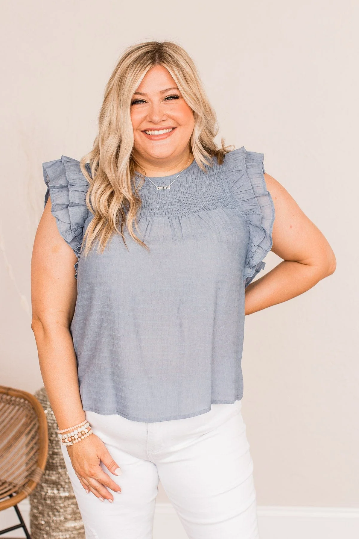 Keep On Smiling Flutter Sleeve Blouse- Dusty Blue - Image 3