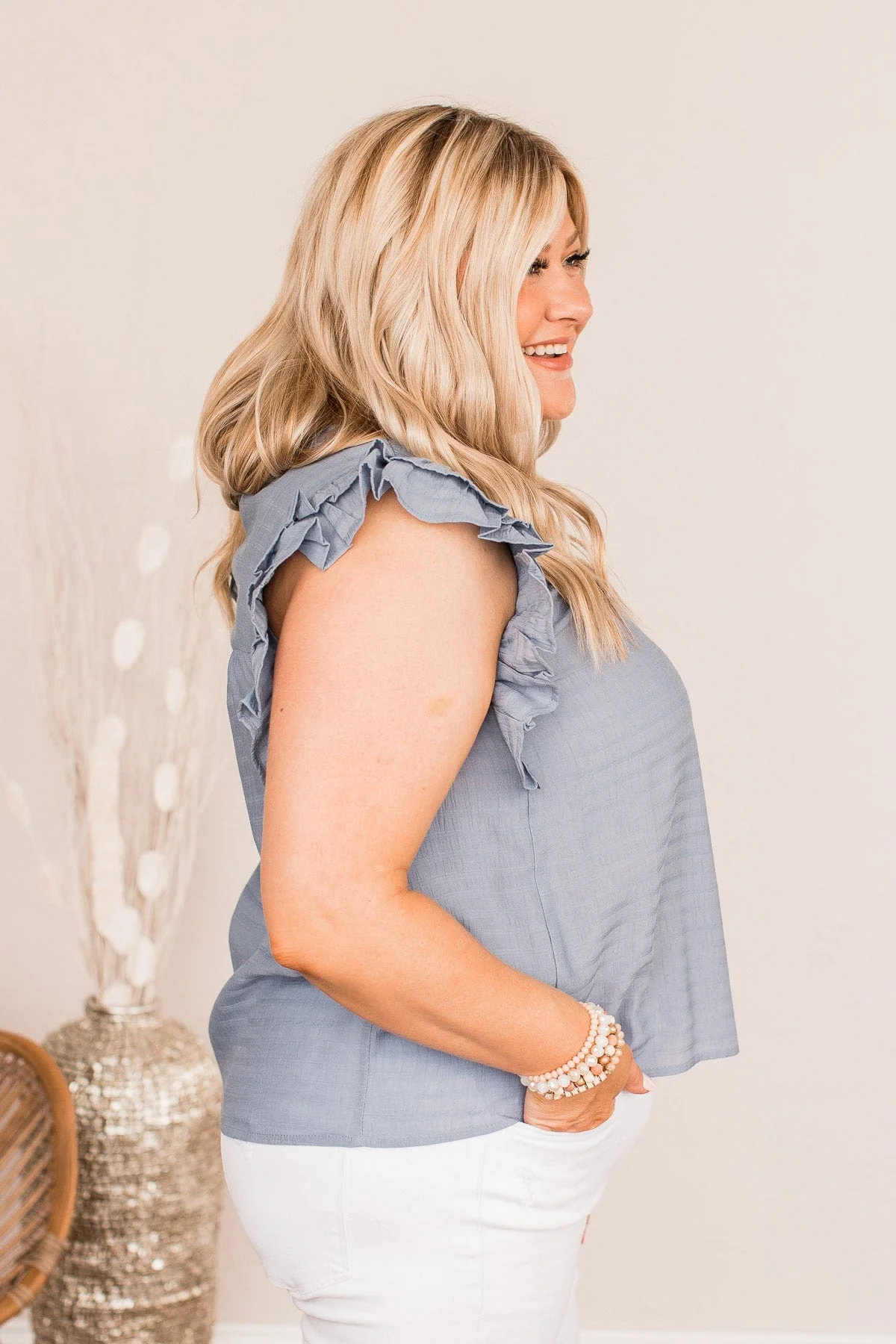 Keep On Smiling Flutter Sleeve Blouse- Dusty Blue - Image 5