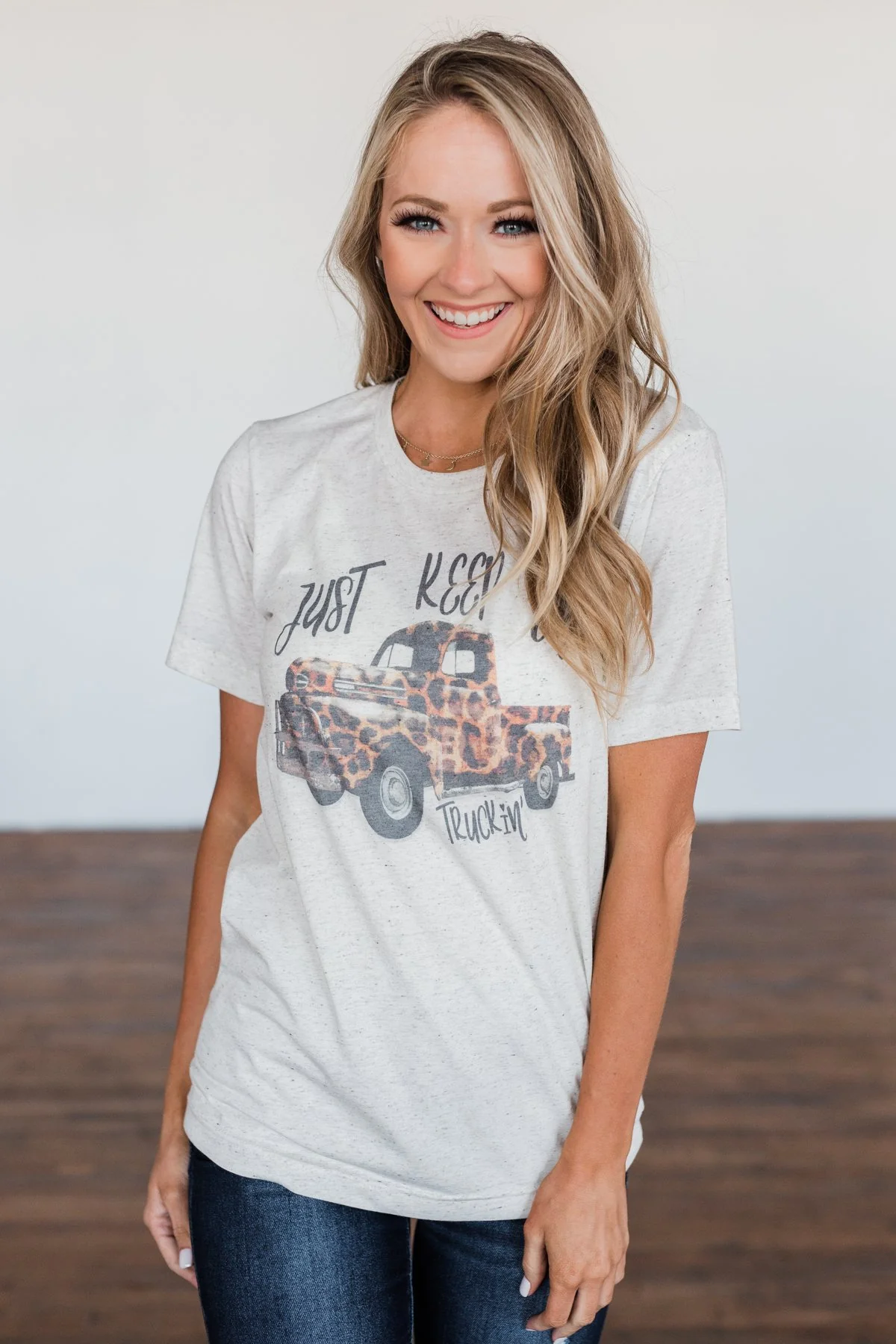 "Keep On Truckin" Leopard Truck Graphic Tee- Oatmeal - Image 3