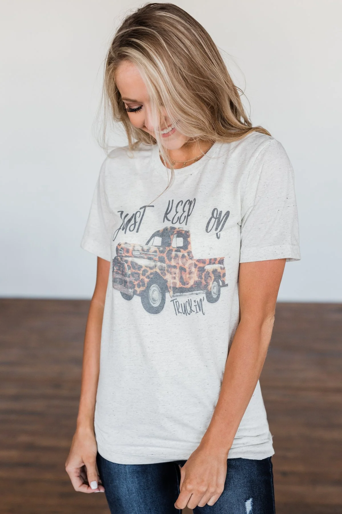 "Keep On Truckin" Leopard Truck Graphic Tee- Oatmeal - Image 6