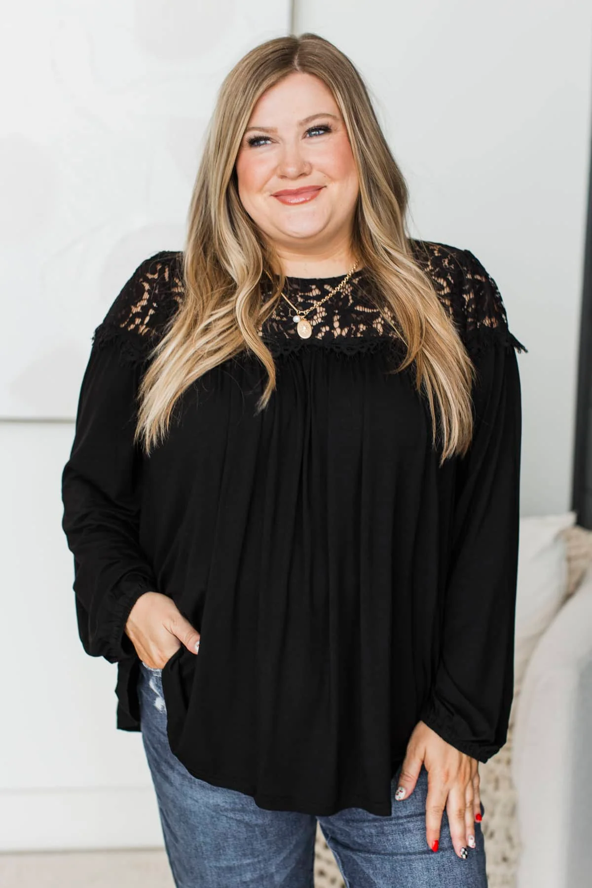 Keep Showing Up Long Sleeve Lace Accent Top- Black