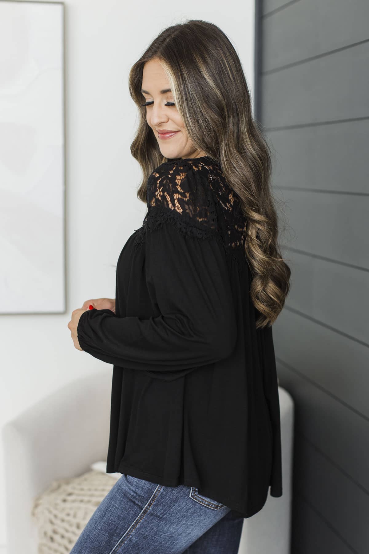Keep Showing Up Long Sleeve Lace Accent Top- Black - Image 6
