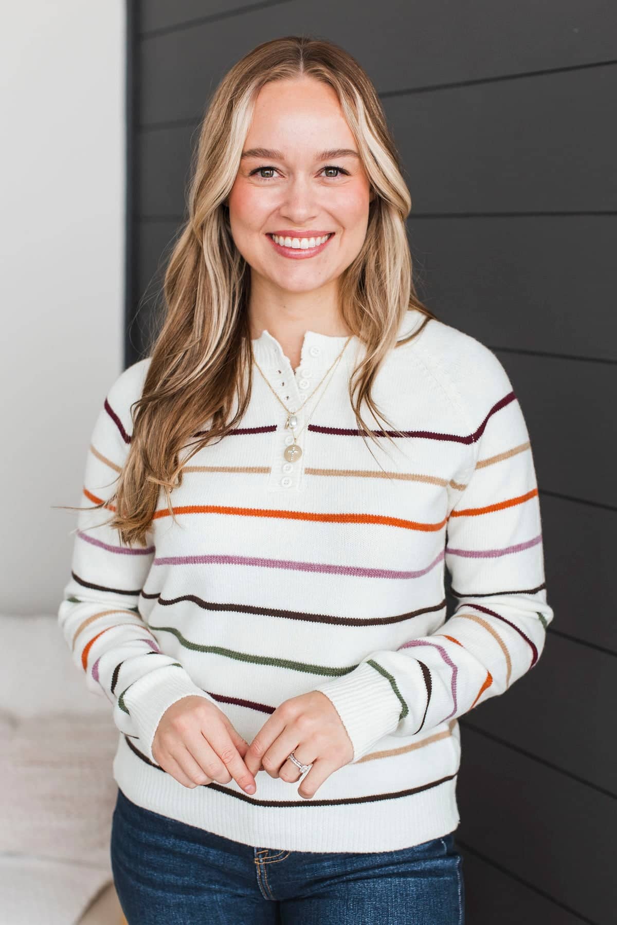 Keeping Inspiration Striped Henley Sweater- Light Cream