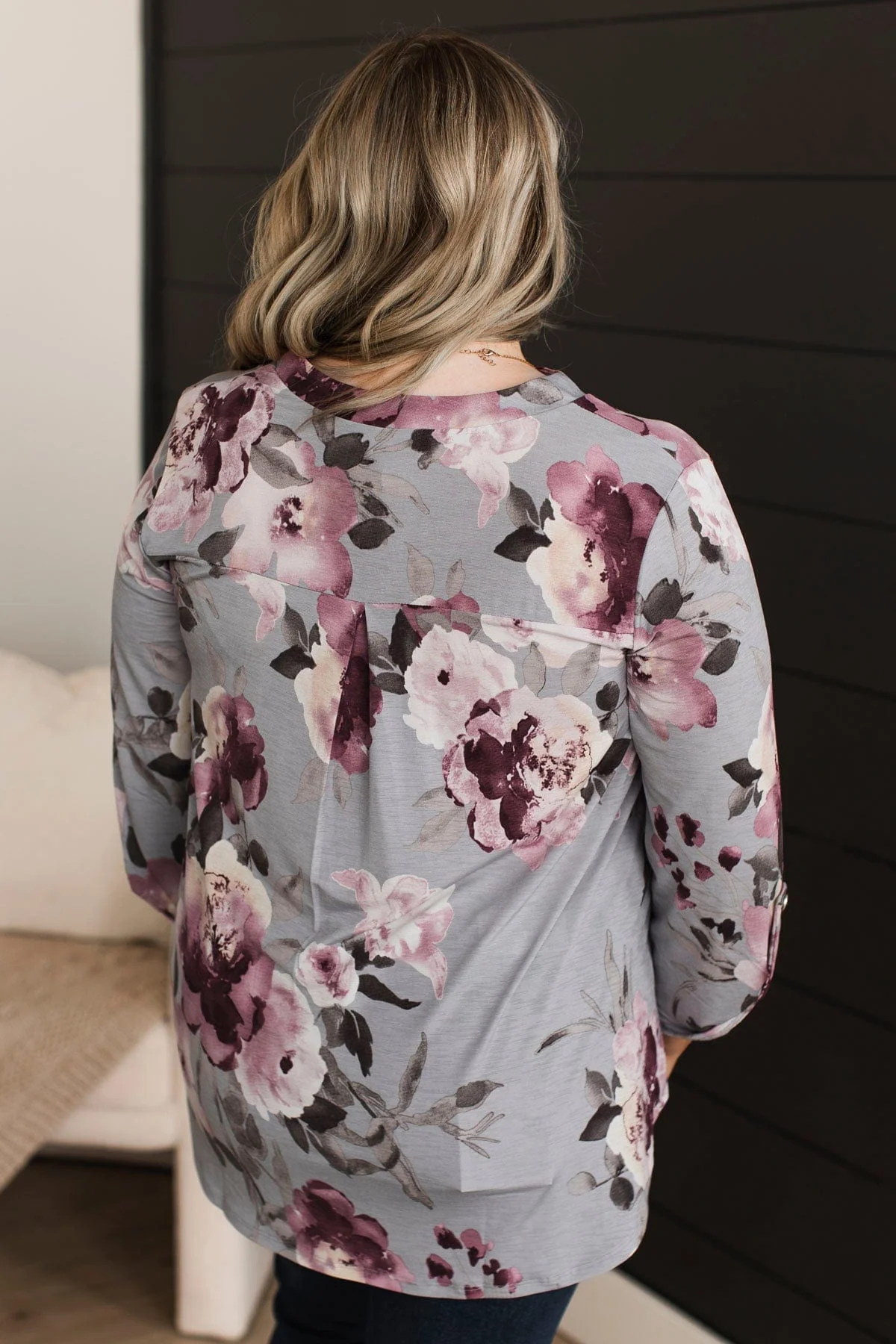 Key To Success Floral V-Neck Top- Grey - Image 5