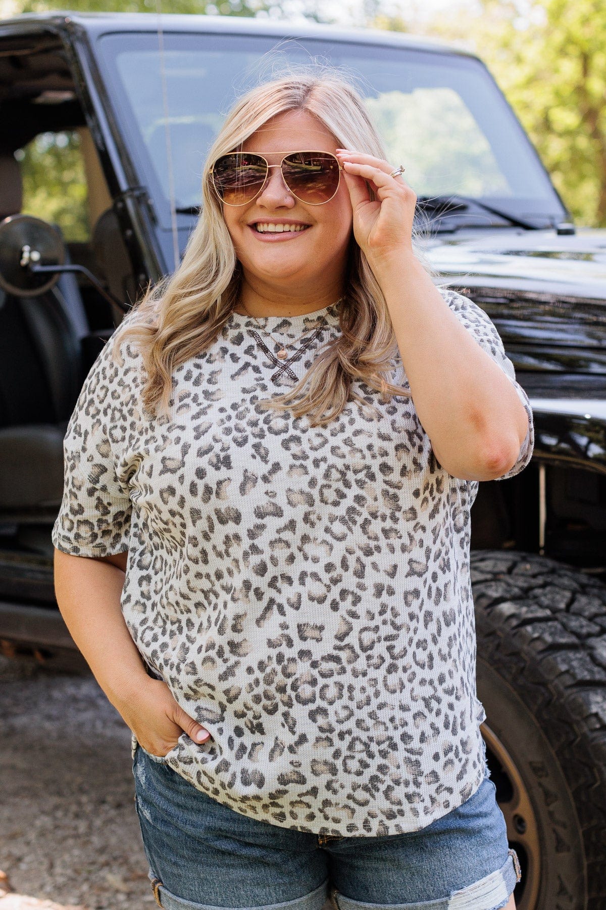 Kicked Back And Relaxed Waffle Knit Top- Off White Leopard - Image 3