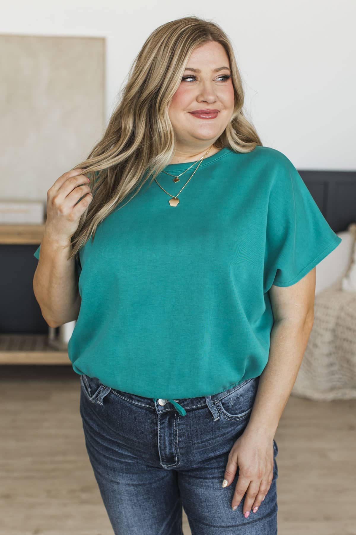 Kind Gestures Drawstring Waist Top- Emerald - Image 4