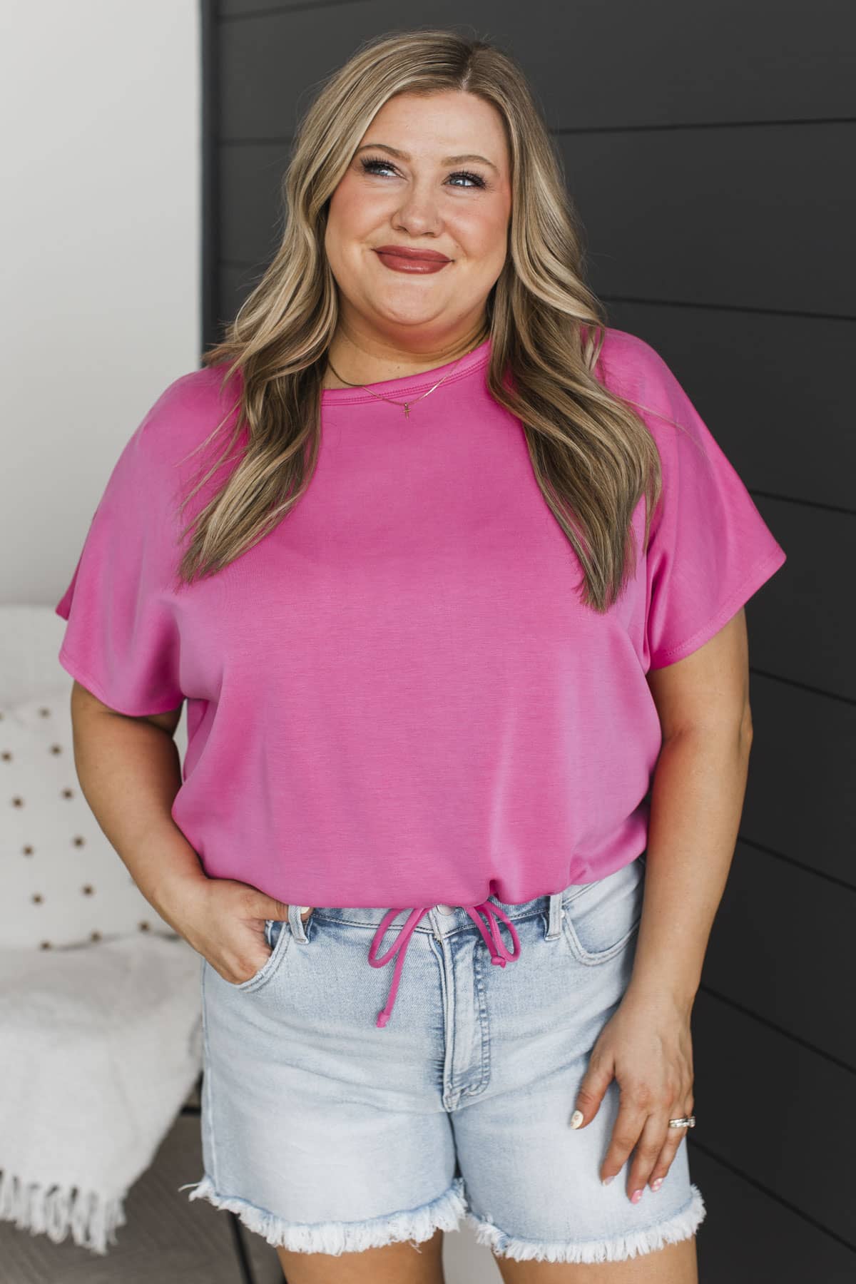 Kind Gestures Drawstring Waist Top- Fuchsia