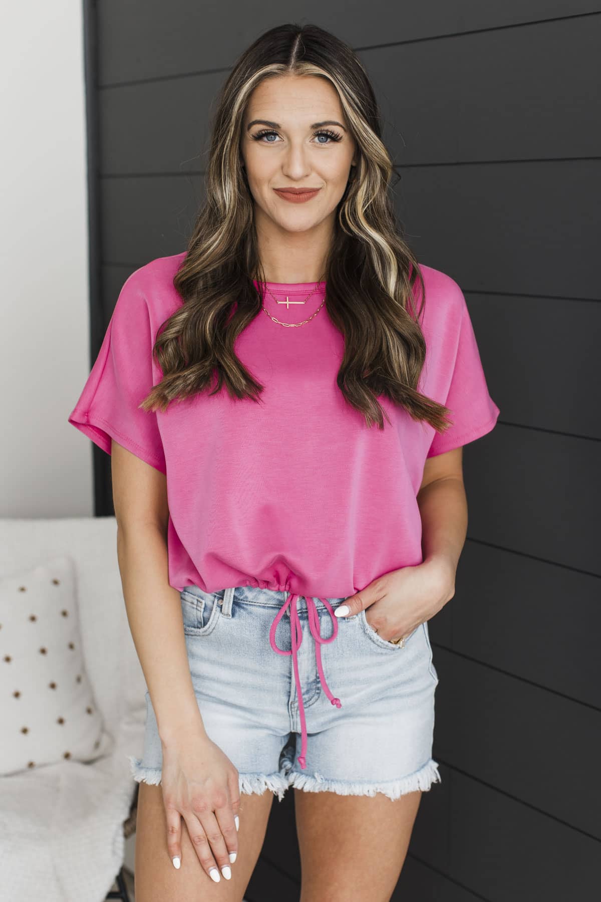 Kind Gestures Drawstring Waist Top- Fuchsia - Image 5