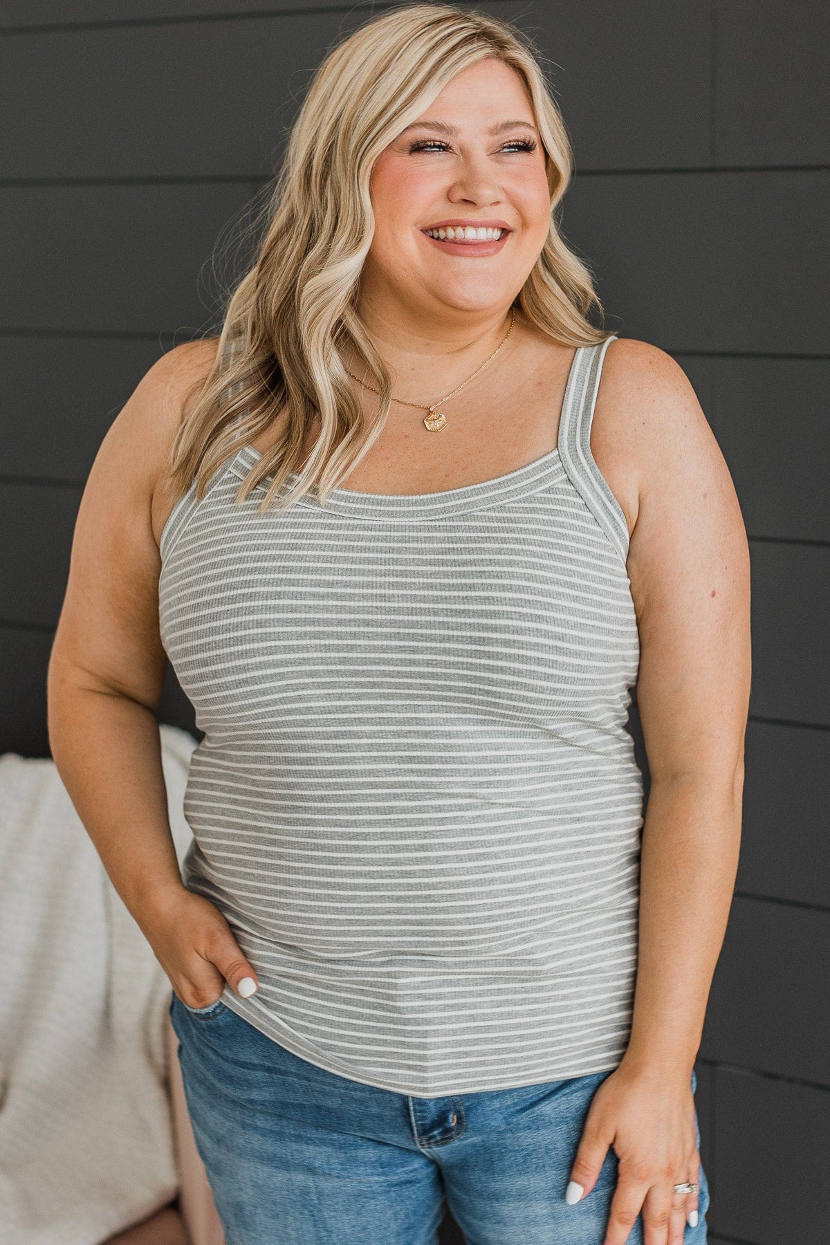 Kind Ways Striped Tank Top- Heather Grey - Image 4