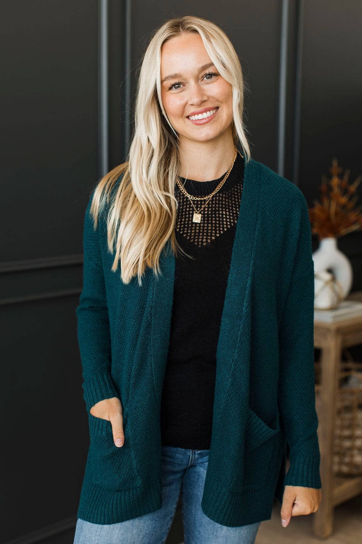 Kind Words Open Front Knit Cardigan- Teal - Image 4