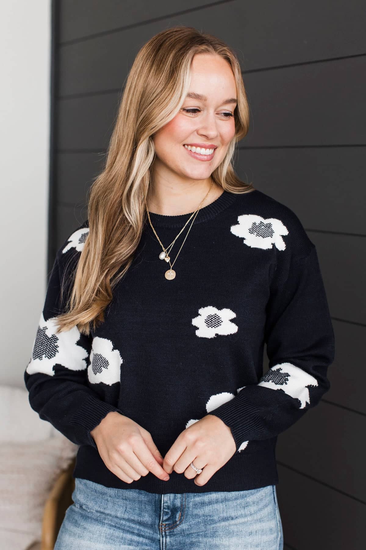 Kindly Justified Floral Knit Sweater- Navy & Ivory - Image 2