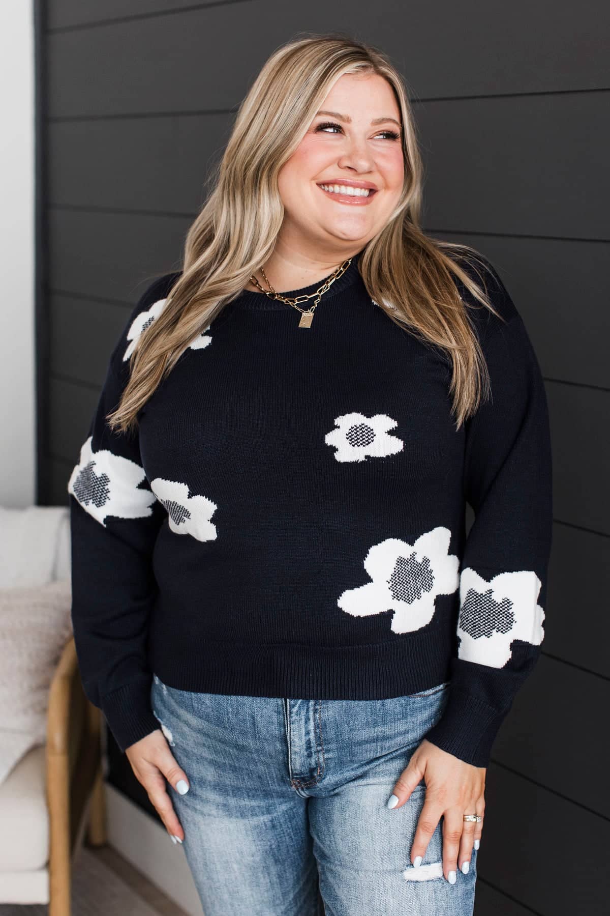 Kindly Justified Floral Knit Sweater- Navy & Ivory - Image 3