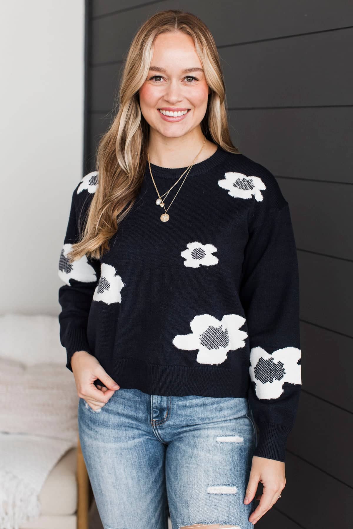 Kindly Justified Floral Knit Sweater- Navy & Ivory - Image 4
