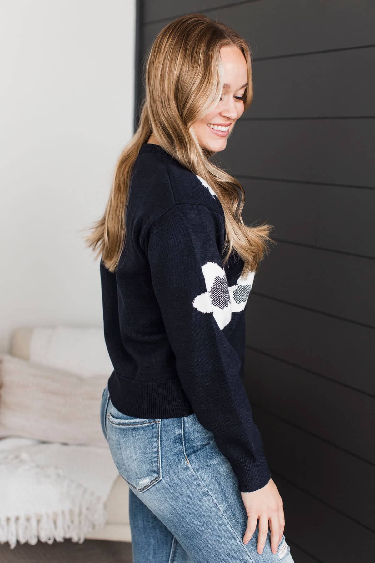 Kindly Justified Floral Knit Sweater- Navy & Ivory - Image 6
