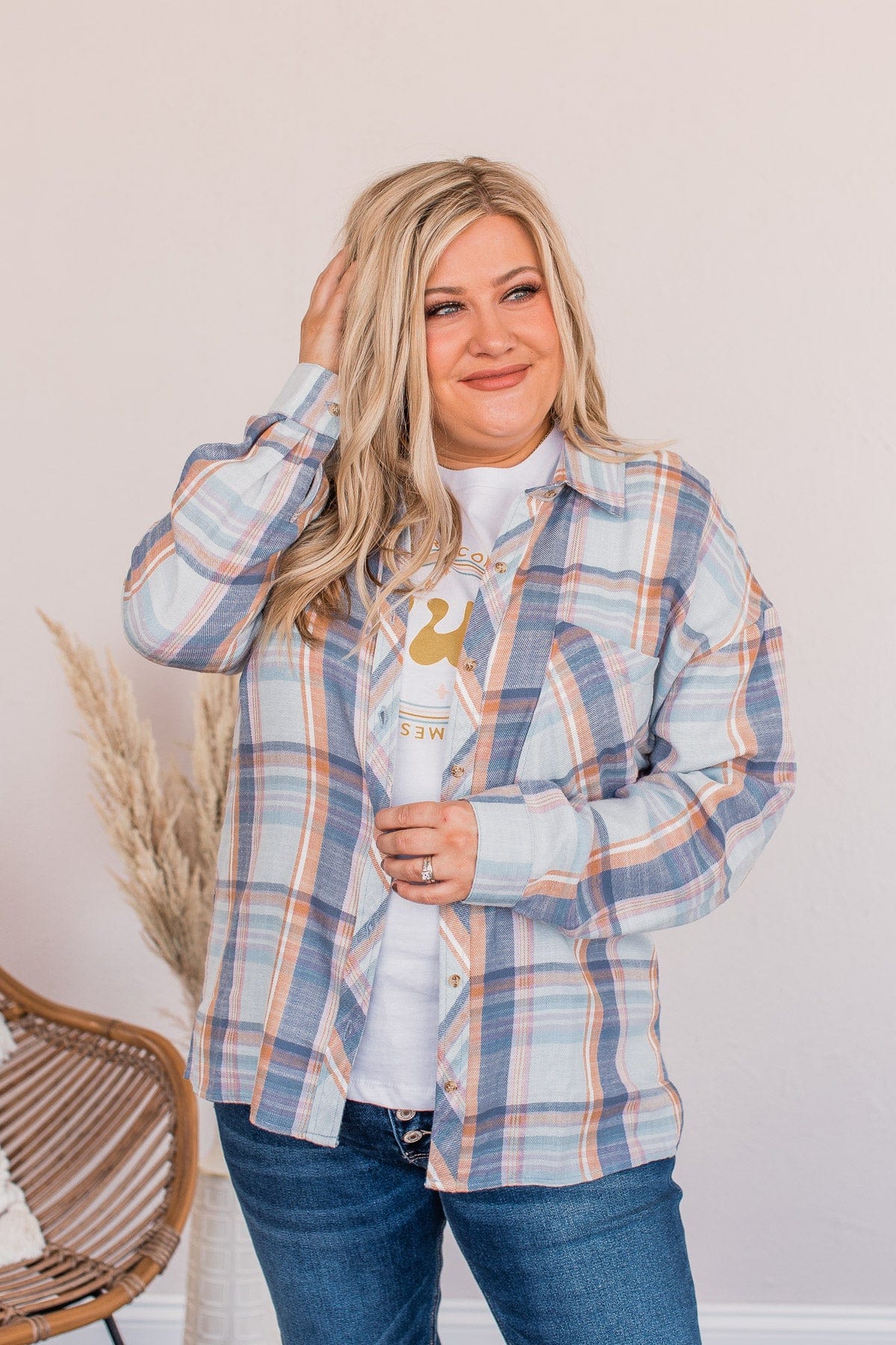 Kindness Is Free Plaid Button Top- Denim Blue - Image 4