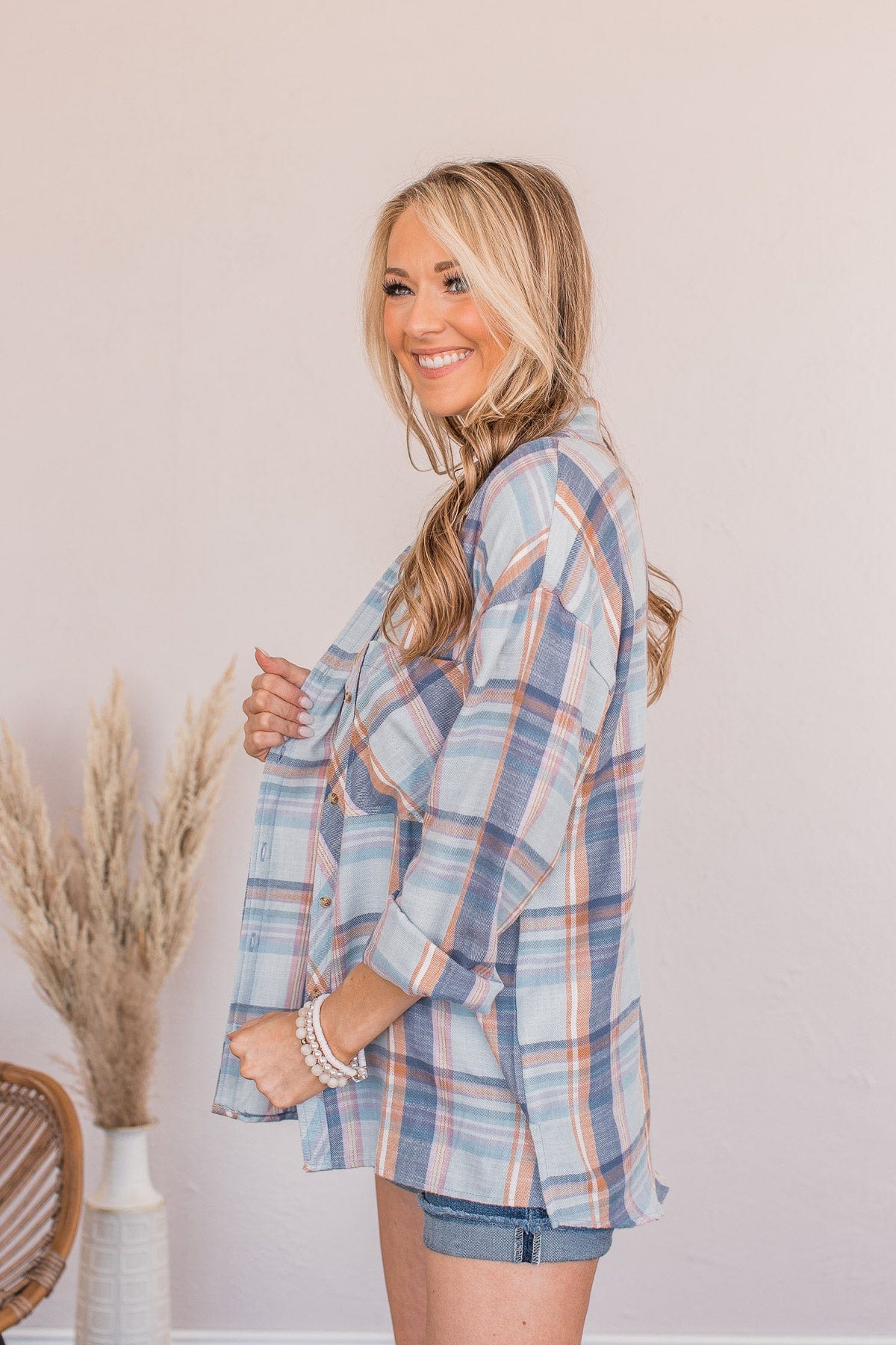 Kindness Is Free Plaid Button Top- Denim Blue - Image 7