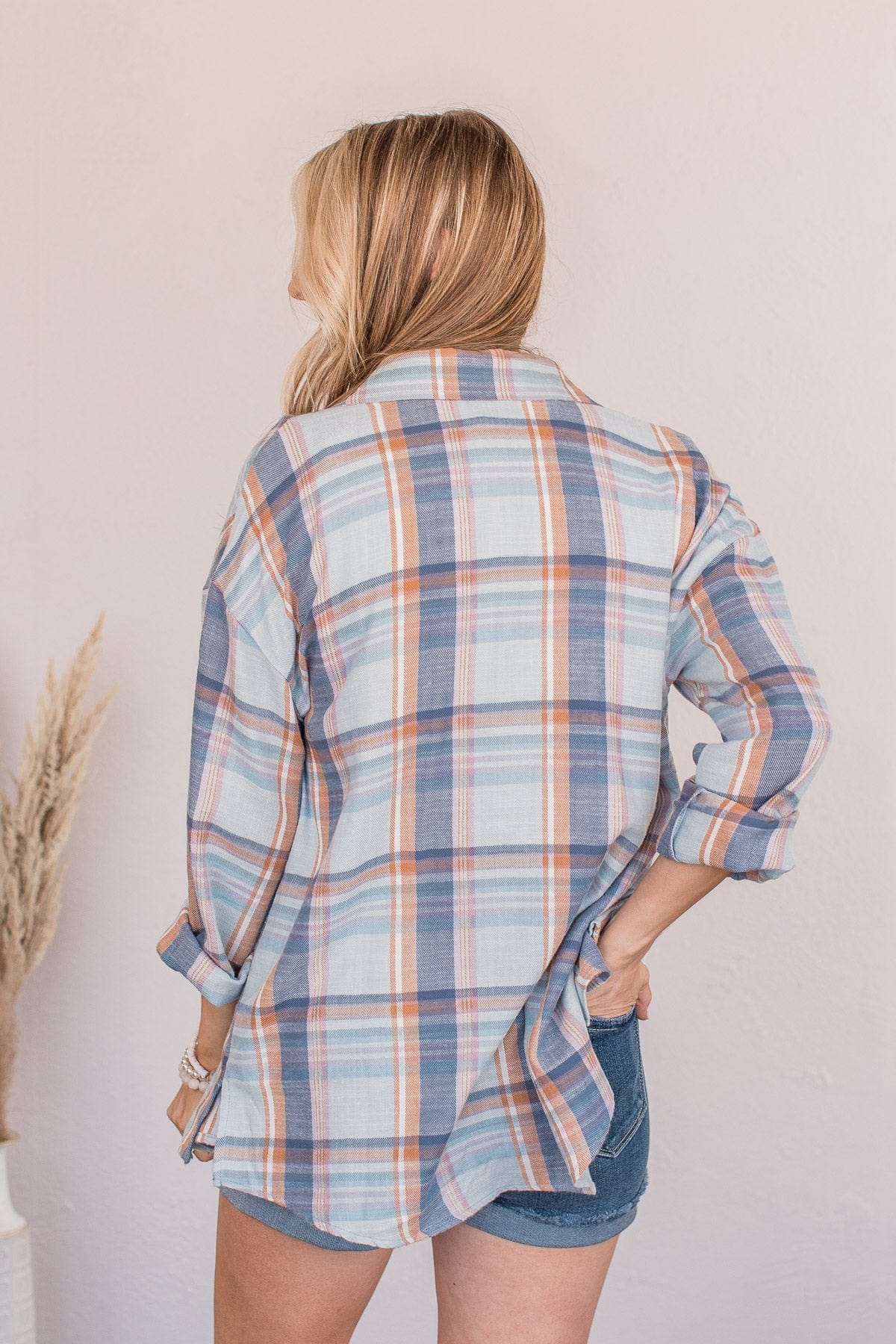 Kindness Is Free Plaid Button Top- Denim Blue - Image 9