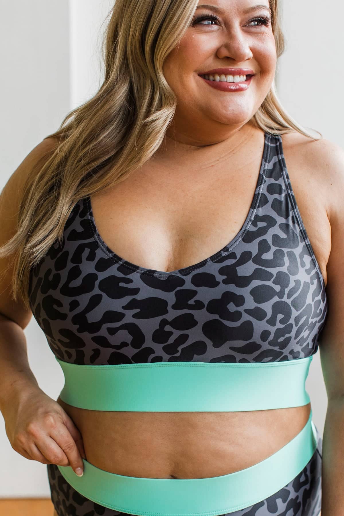 Kissed By The Sun Bikini Swim Top- Charcoal Leopard & Mint - Image 3