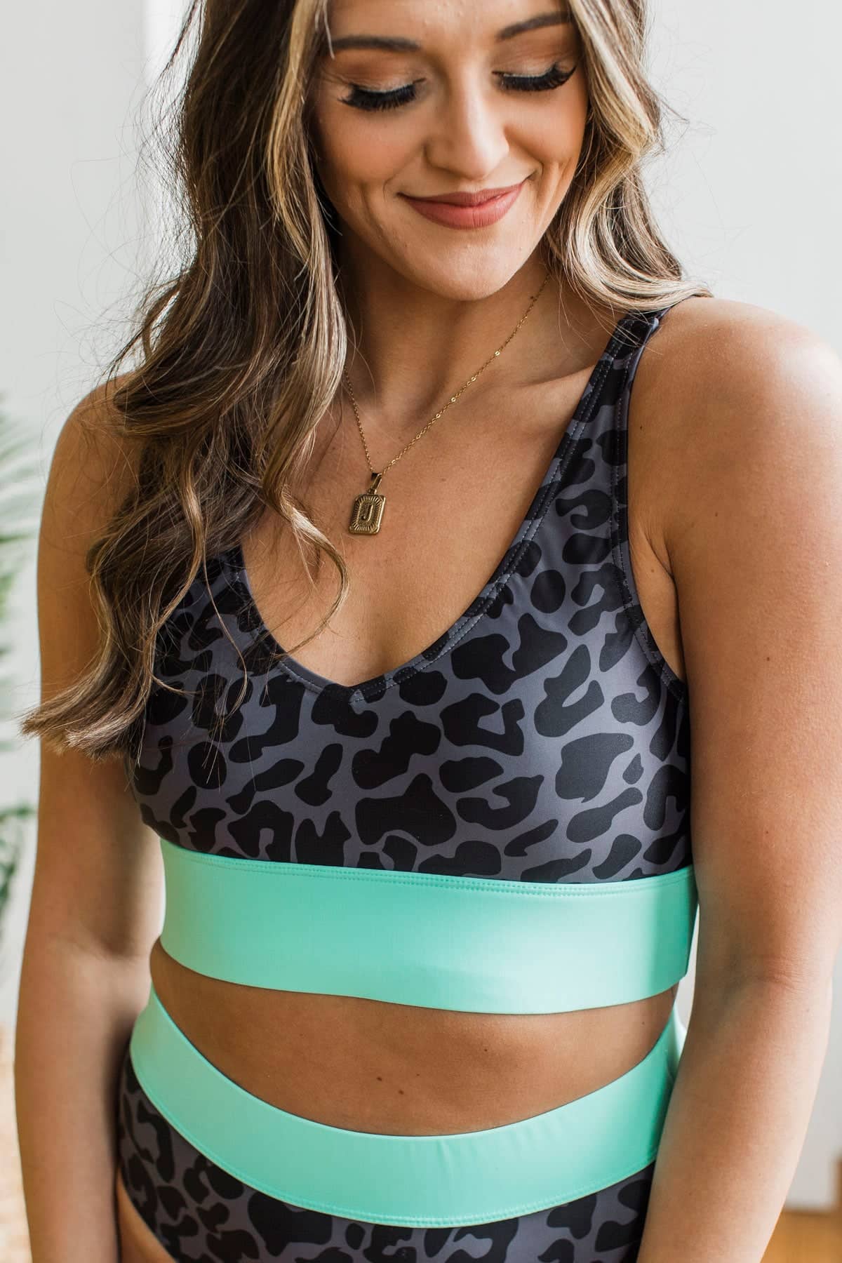 Kissed By The Sun Bikini Swim Top- Charcoal Leopard & Mint - Image 4
