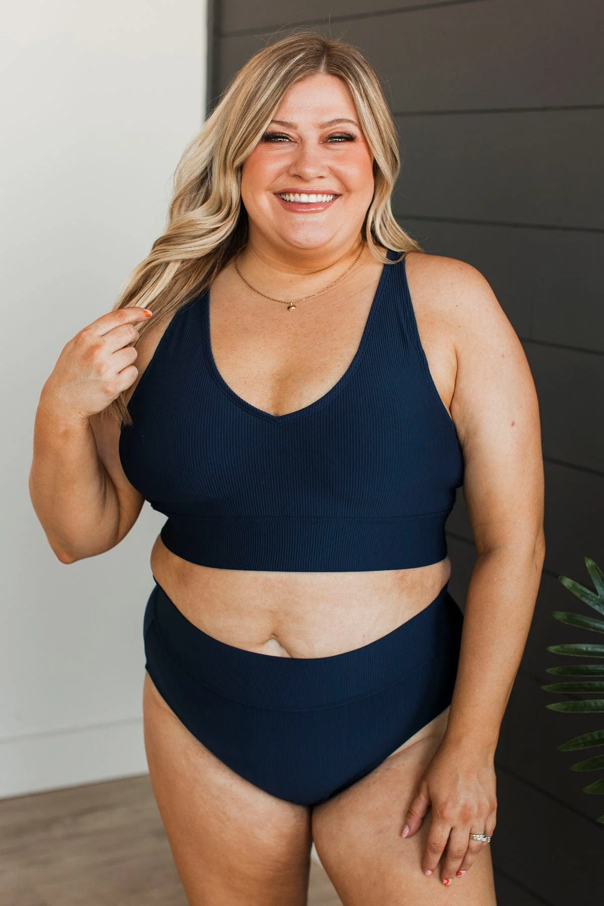 Kissed By The Sun Bikini Swim Top- Dark Navy Ribbed - Image 3