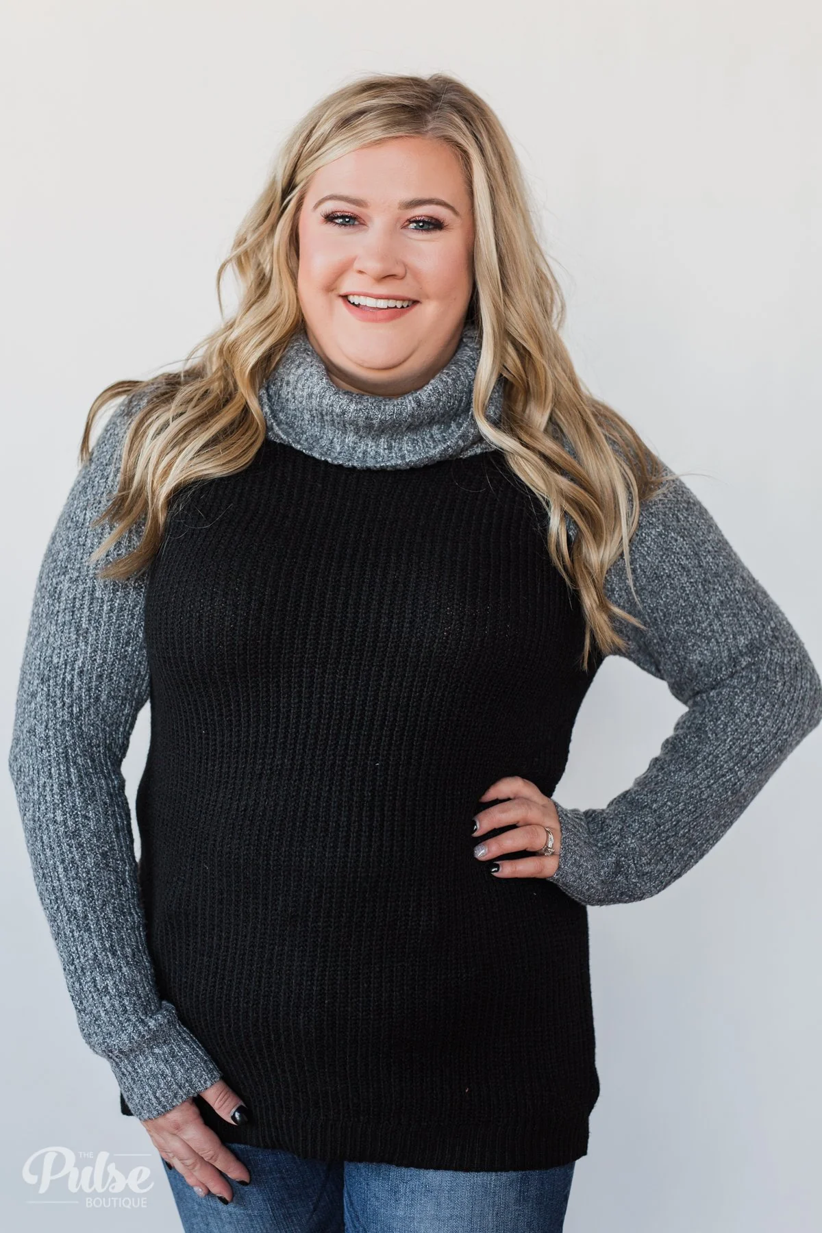 Knit Cowl Neck Top- Black & Charcoal - Image 11