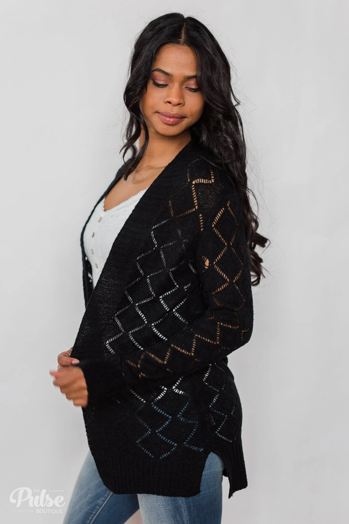 Knit Pointelle Cardigan - Black - Image 11