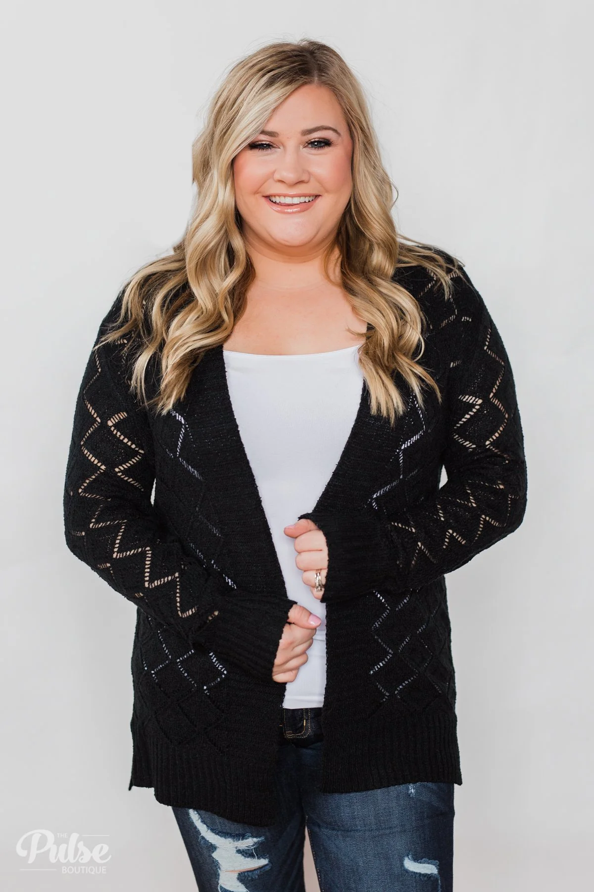 Knit Pointelle Cardigan - Black - Image 2