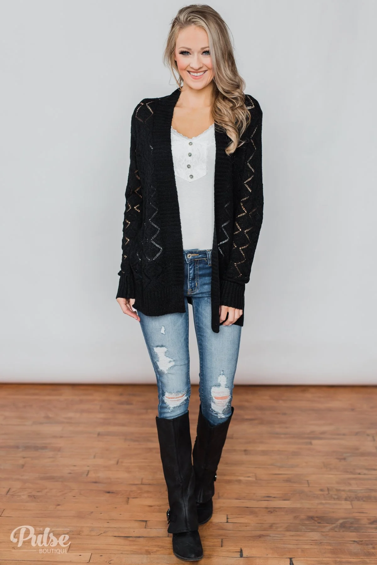 Knit Pointelle Cardigan - Black - Image 6