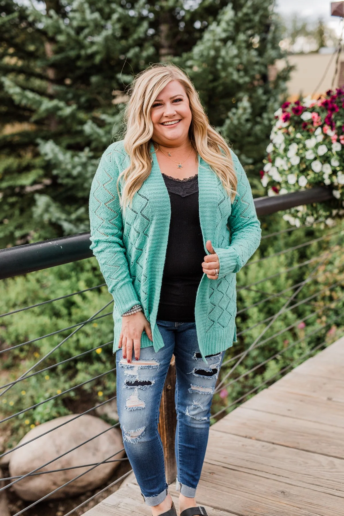 Knit Pointelle Cardigan - Teal - Image 10