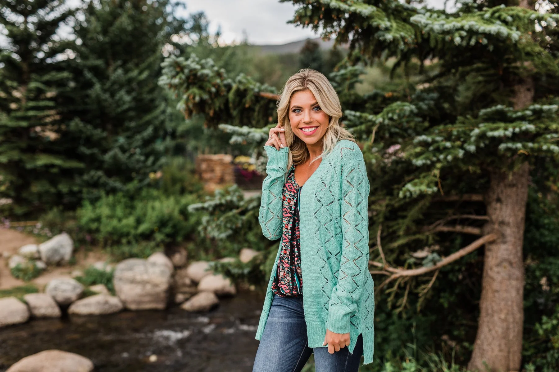 Knit Pointelle Cardigan - Teal - Image 11