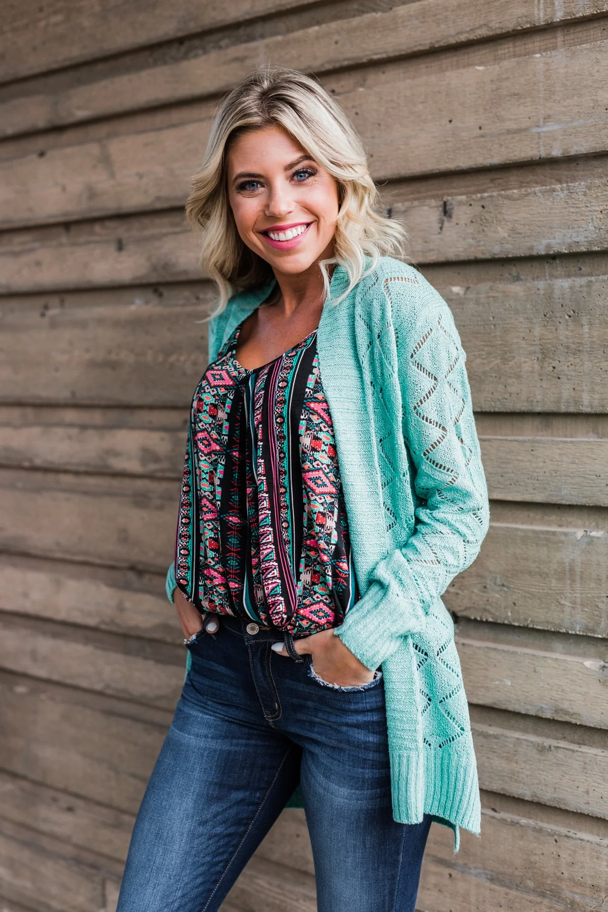 Knit Pointelle Cardigan - Teal - Image 3