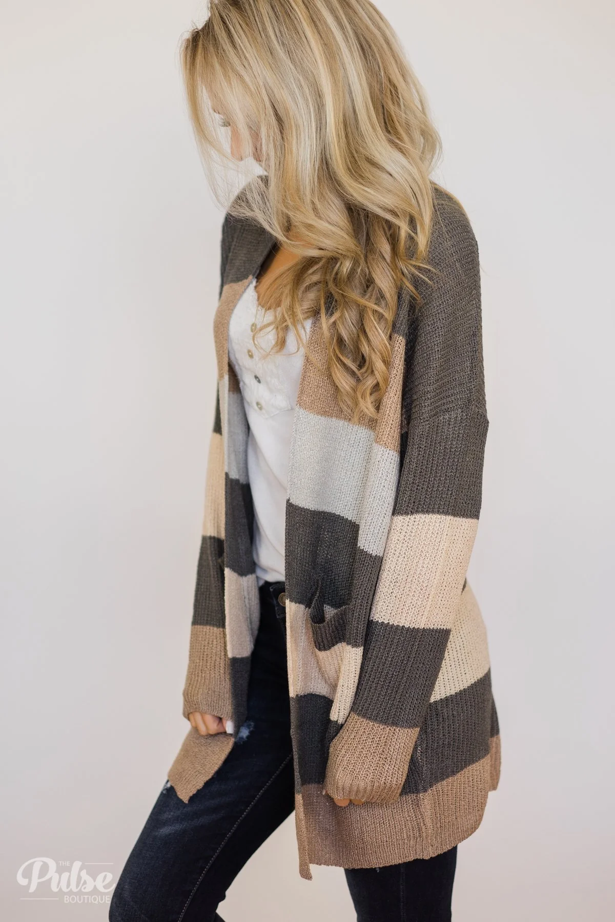 Knitted Color Block Cardigan- Neutral Tones - Image 2