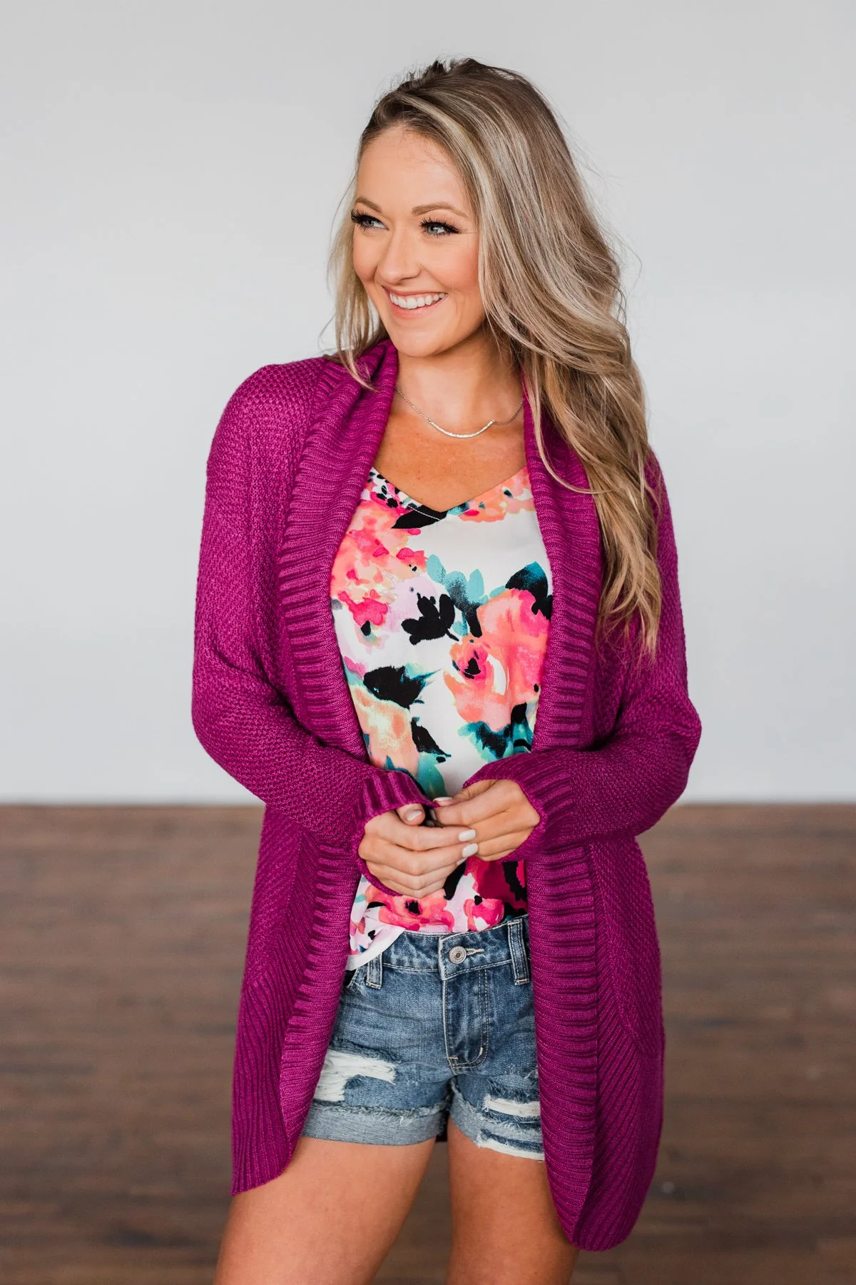 Knitted Drape Cardigan- Magenta - Image 2