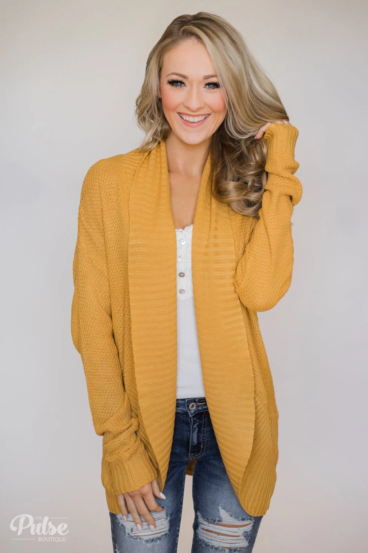 Knitted Drape Cardigan- Mustard - Image 5