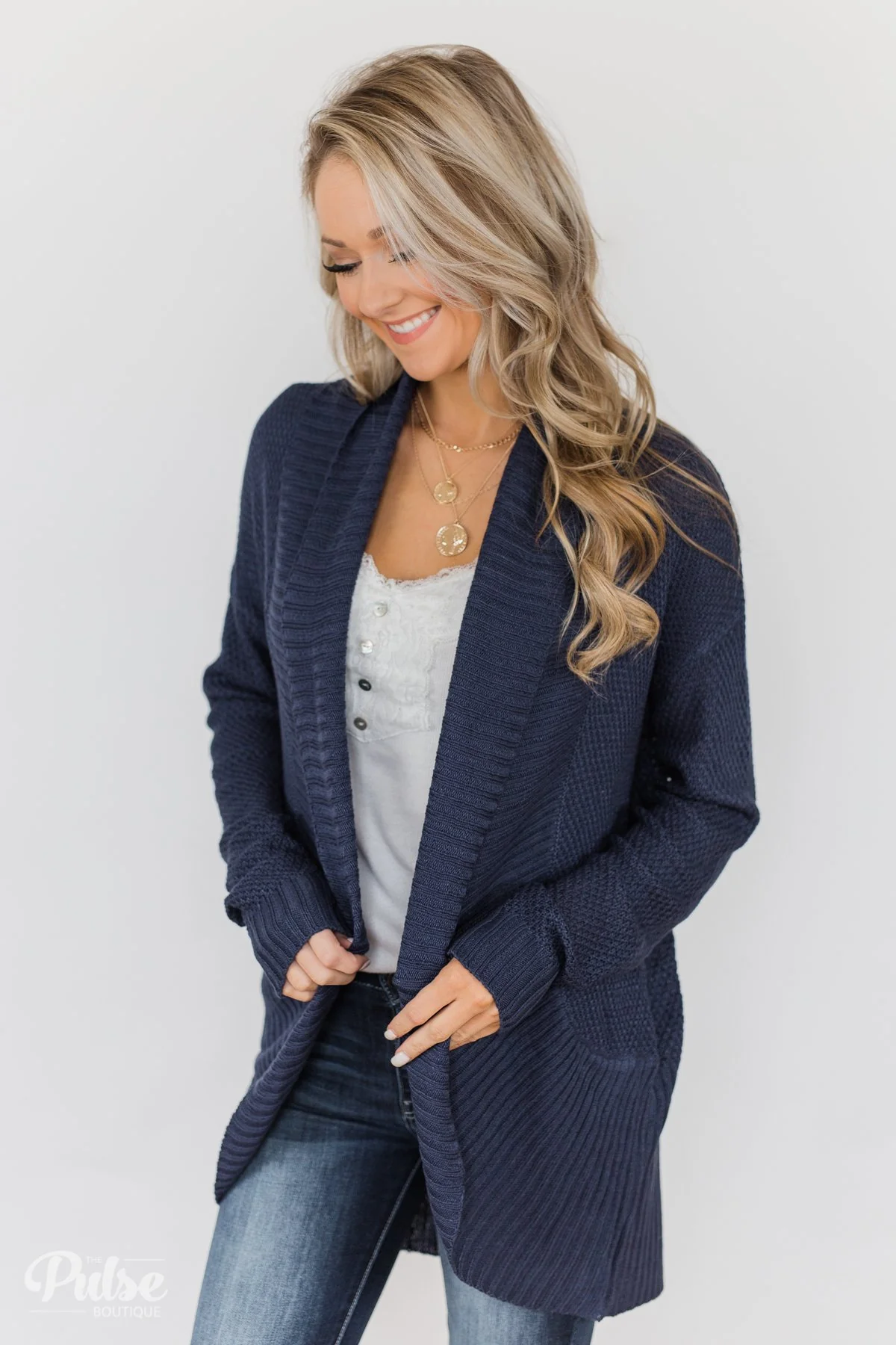 Knitted Drape Cardigan - Navy - Image 7