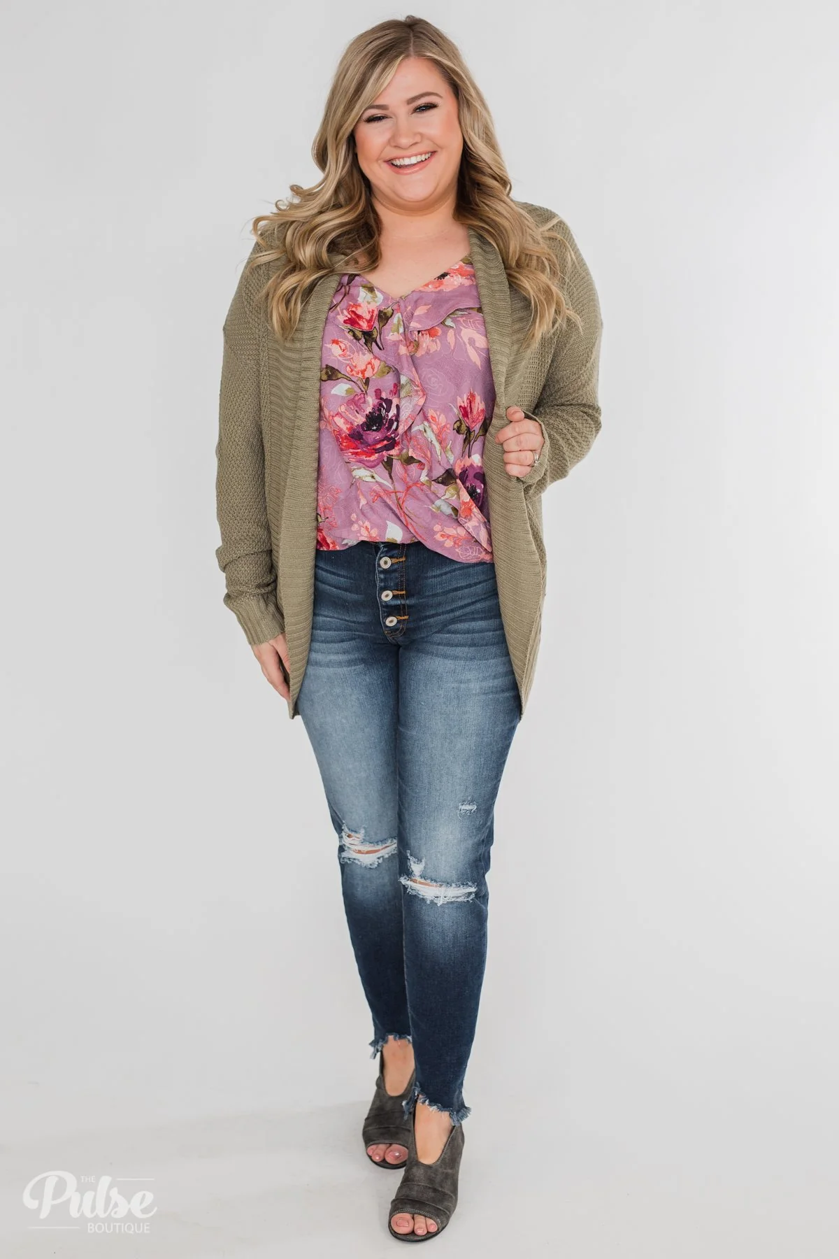 Knitted Drape Cardigan- Olive - Image 3