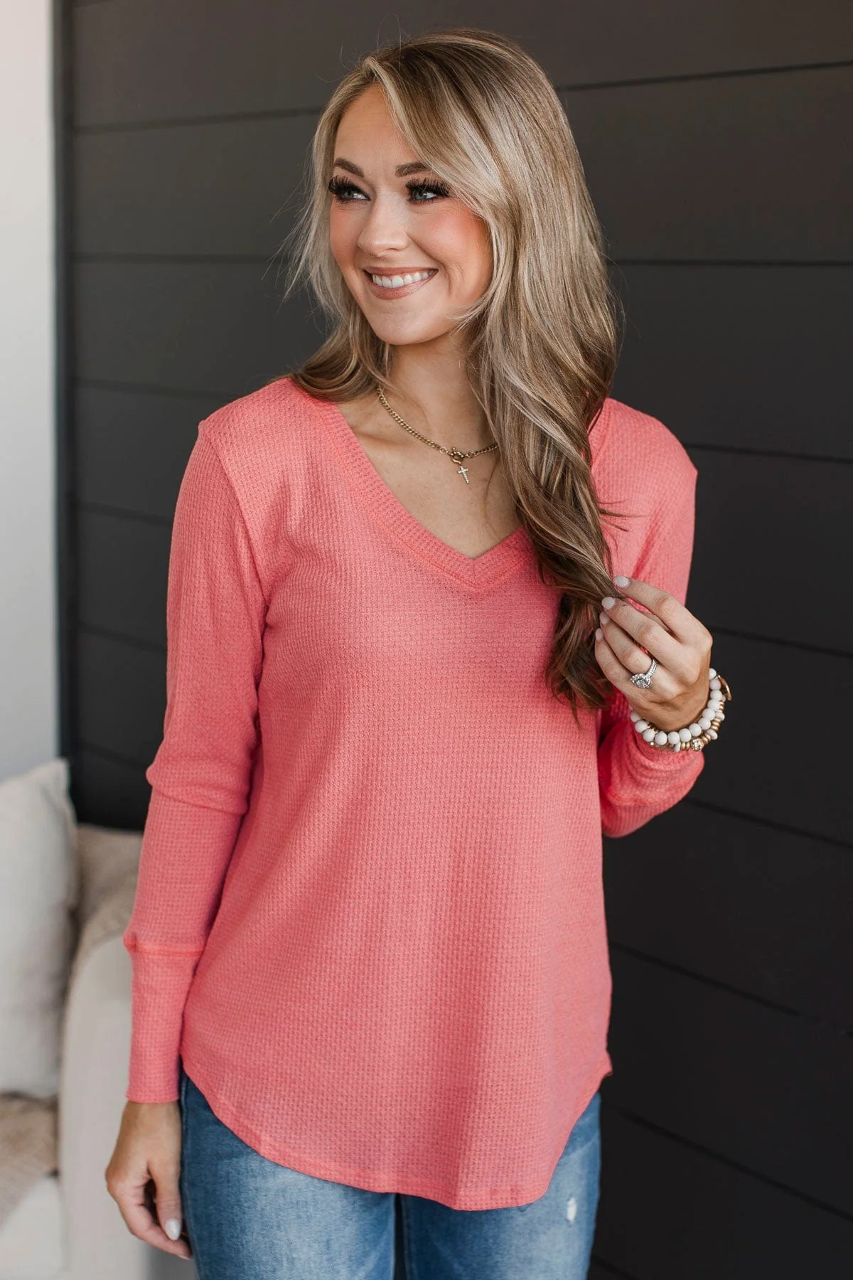 Know The Ropes V-Neck Top- Coral - Image 3
