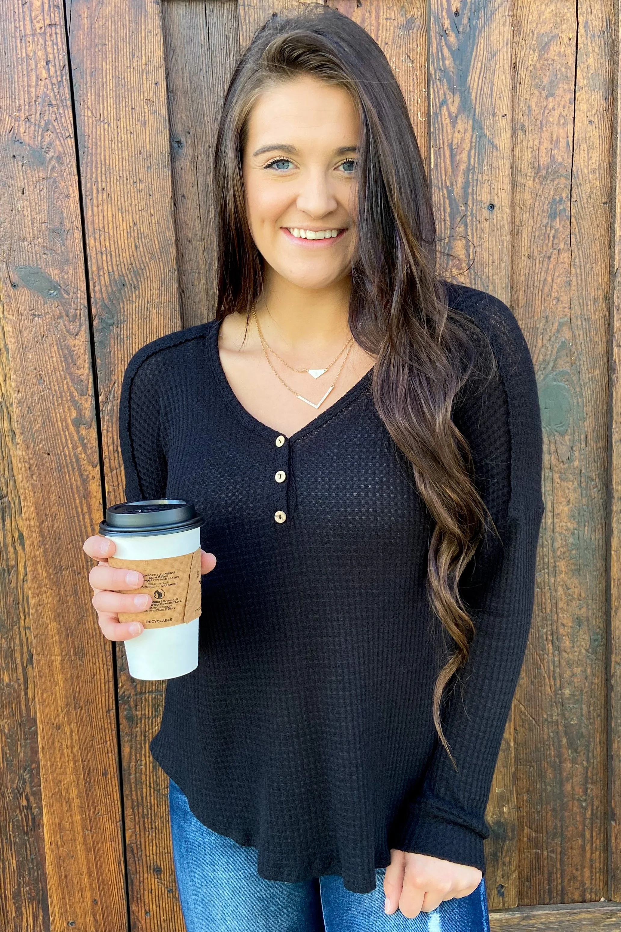 Knowing You V-Neck Thermal Top- Black - Image 3