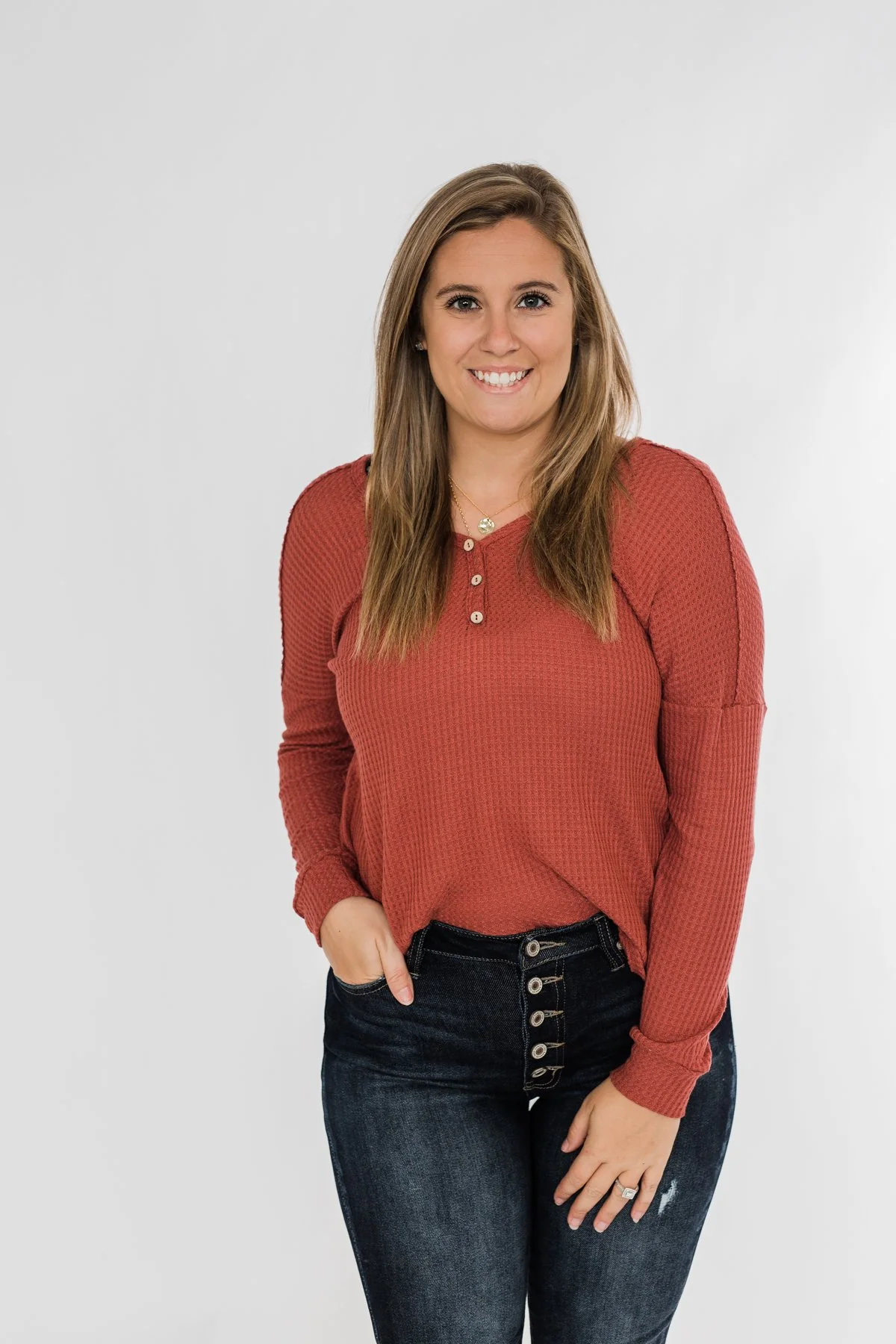 Knowing You V-Neck Thermal Top- Brick - Image 3