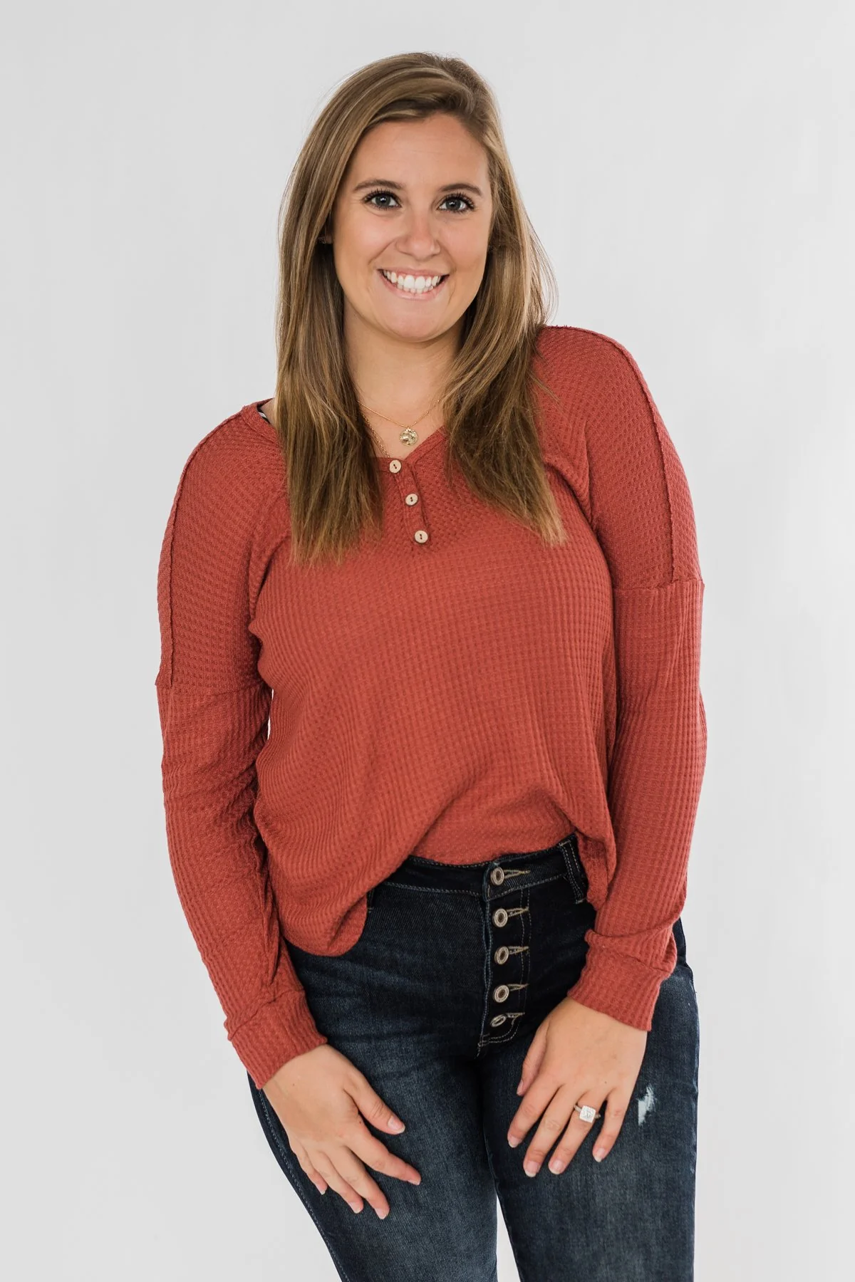 Knowing You V-Neck Thermal Top- Brick - Image 6