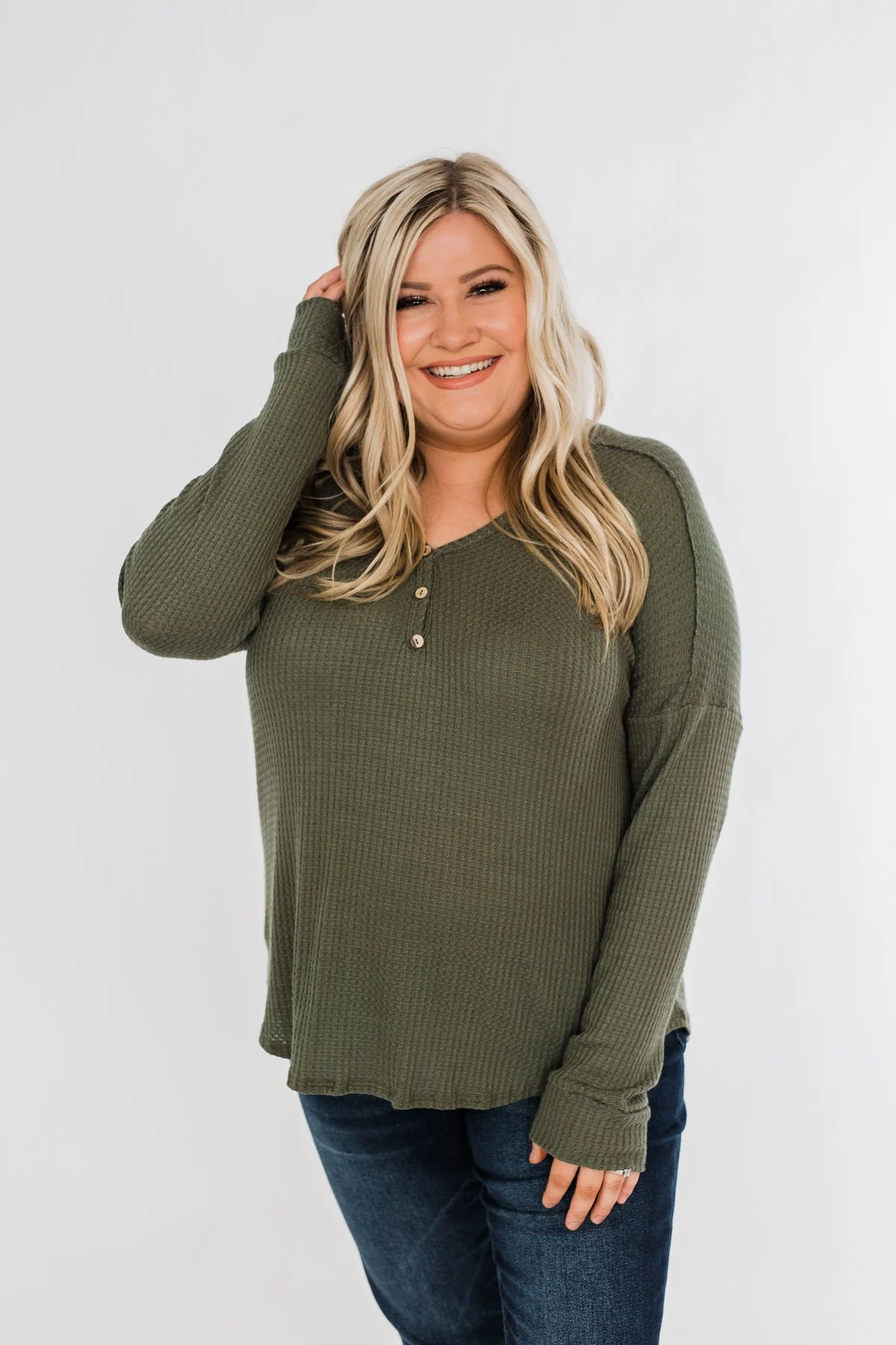 Knowing You V-Neck Thermal Top- Olive - Image 10