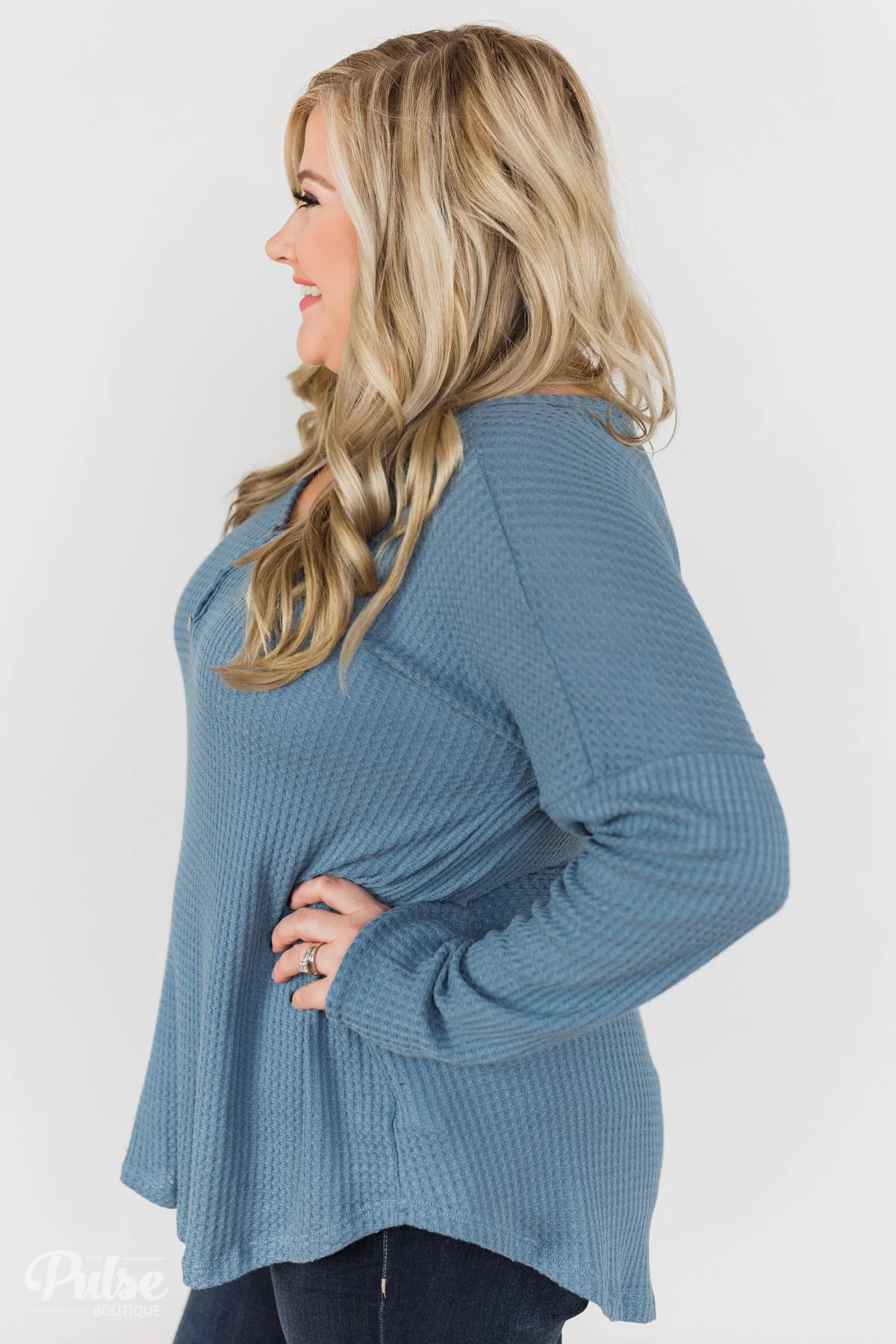 Knowing You V-Neck Thermal Top- Slate Blue - Image 10