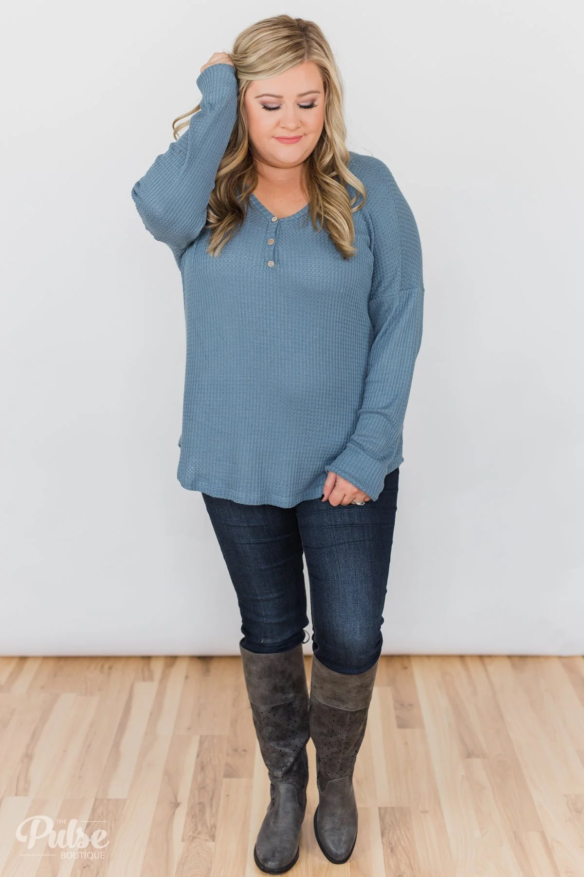 Knowing You V-Neck Thermal Top- Slate Blue - Image 3