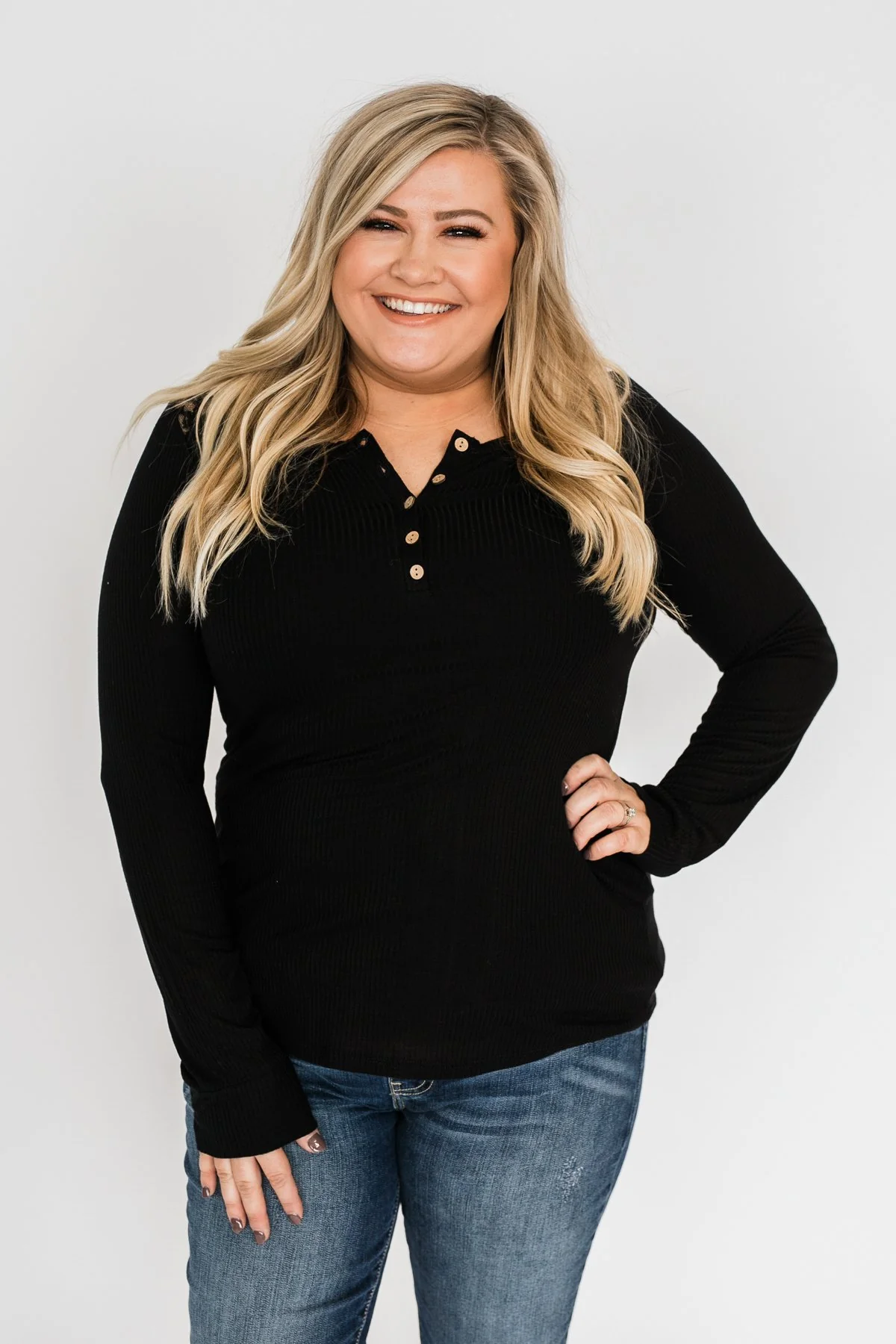 Lace Back 5-Button Henley Top- Black - Image 4