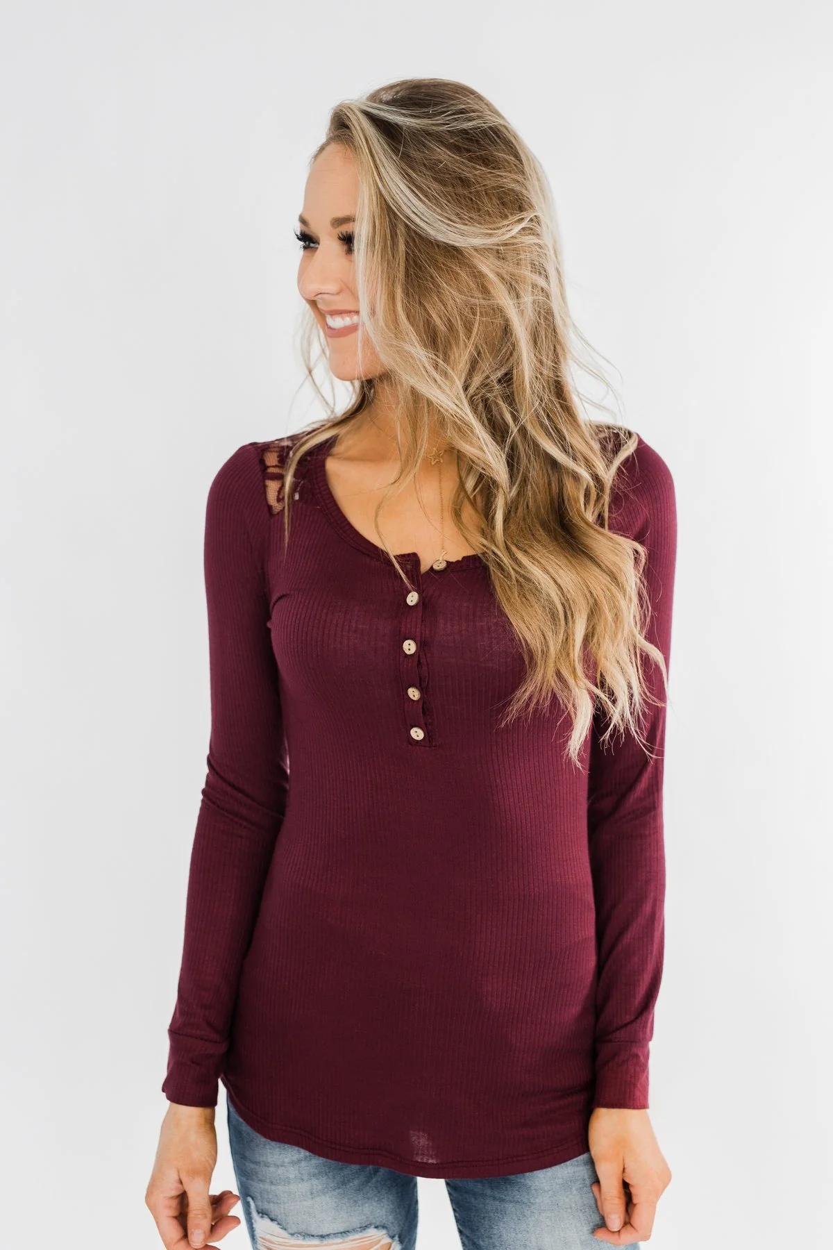 Lace Back 5-Button Henley Top- Burgundy - Image 11