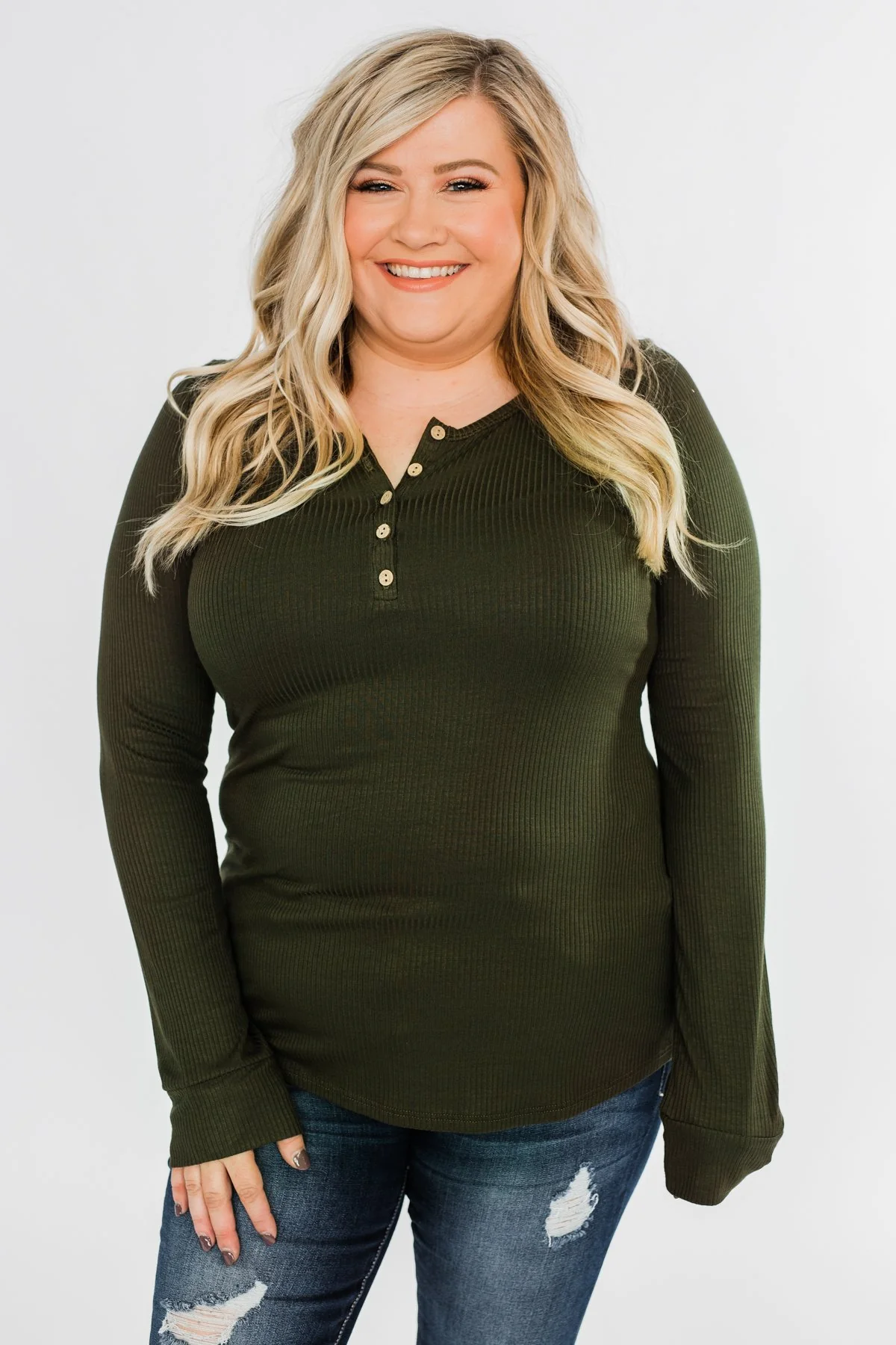 Lace Back 5-Button Henley Top- Olive - Image 3
