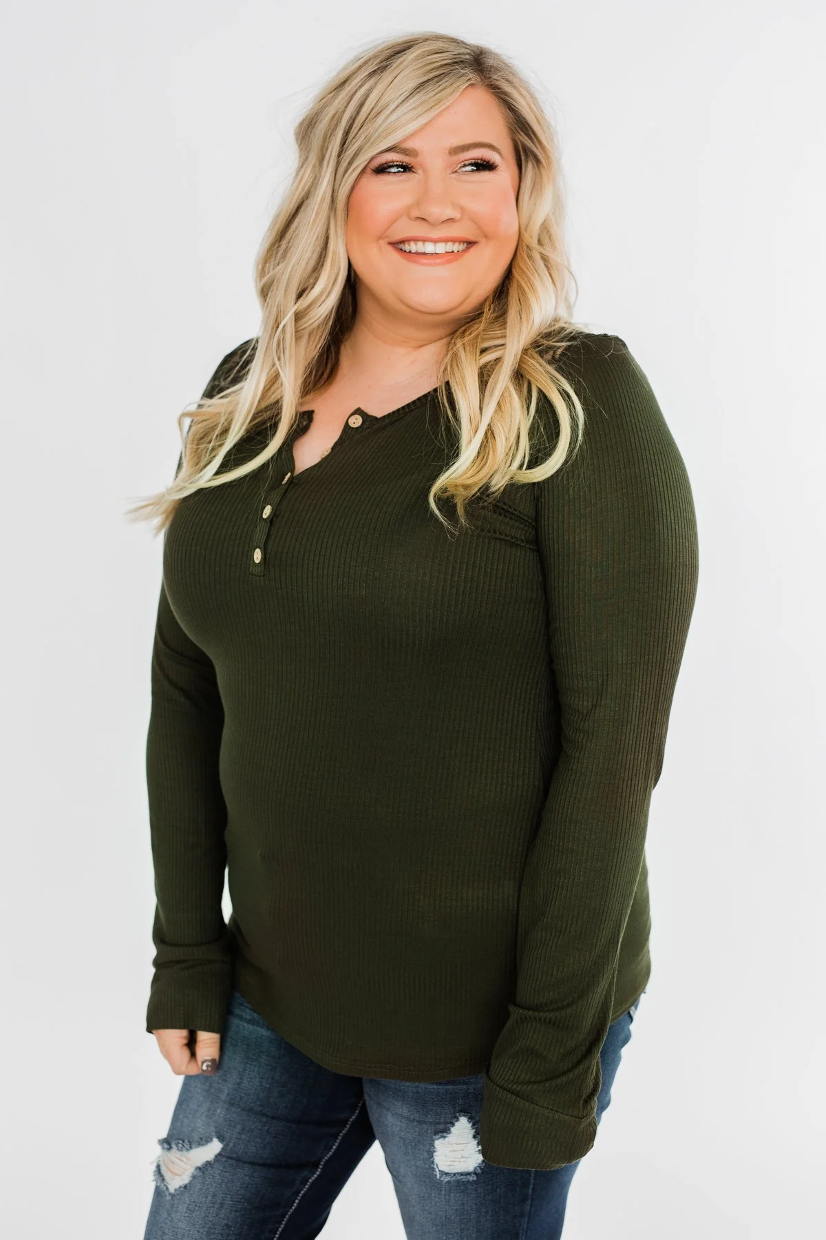 Lace Back 5-Button Henley Top- Olive - Image 7